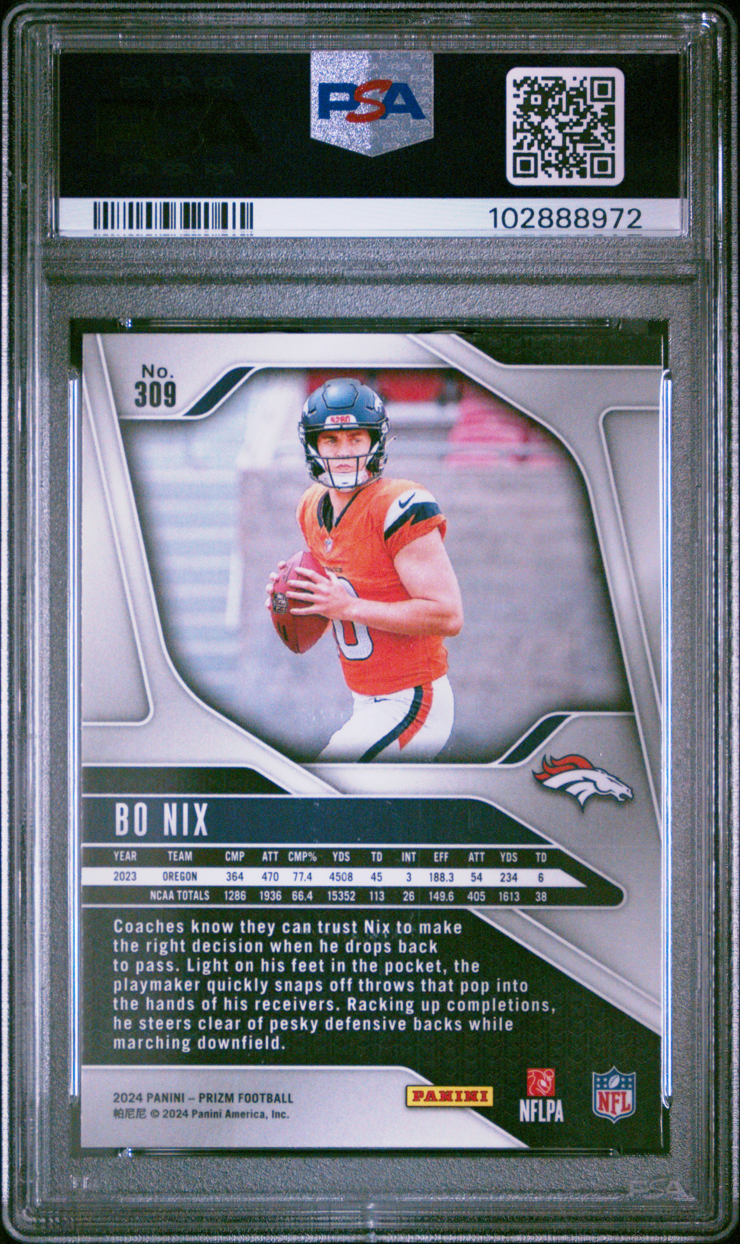 2024 Panini Prizm Bo Nix #309 Gem Mt 10 back