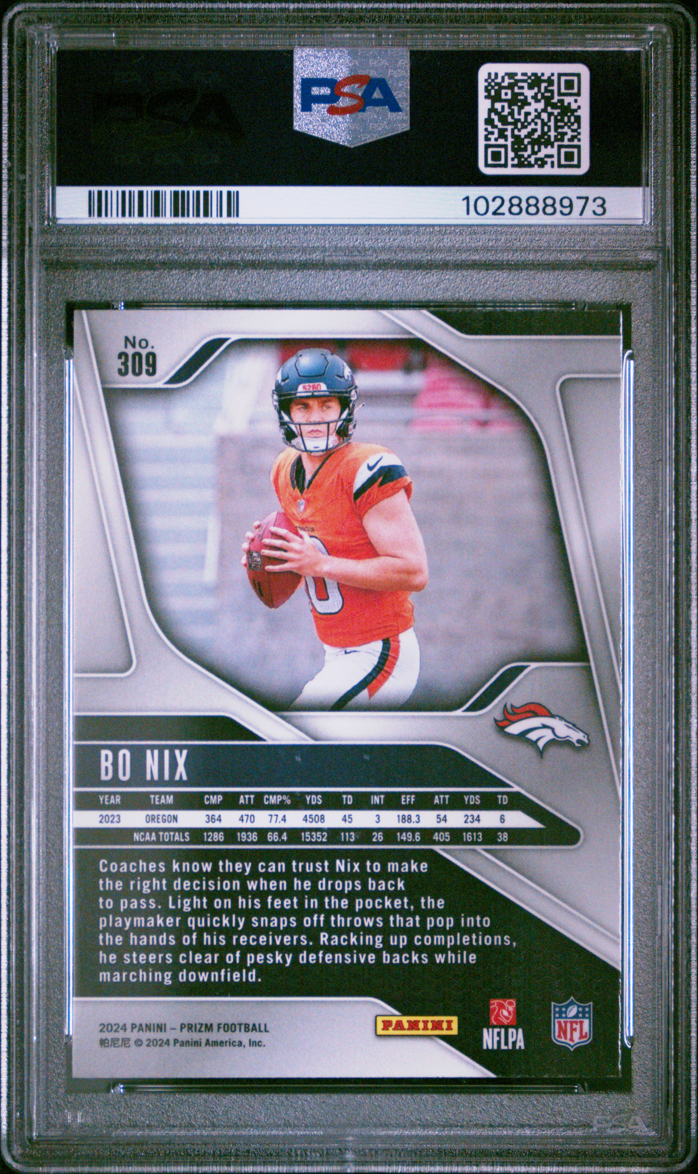 2024 Panini Prizm Bo Nix #309 Gem Mt 10 back
