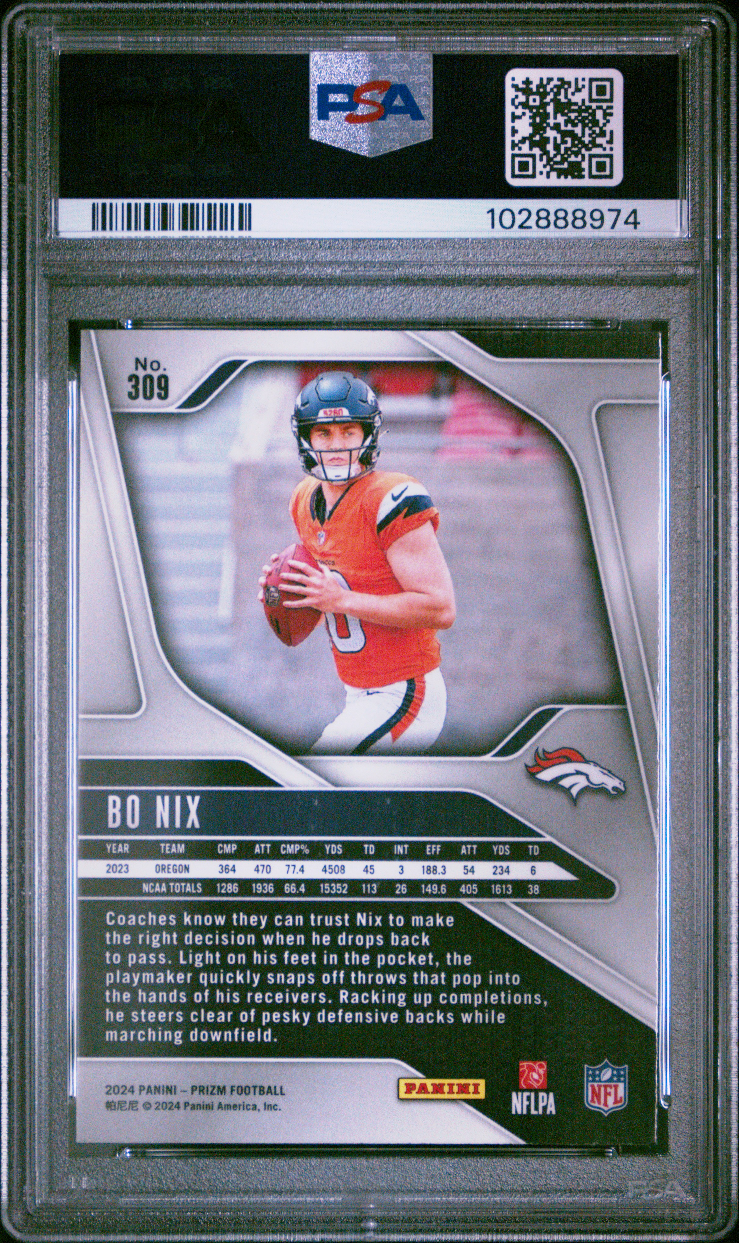 2024 Panini Prizm Bo Nix #309 Gem Mt 10 back