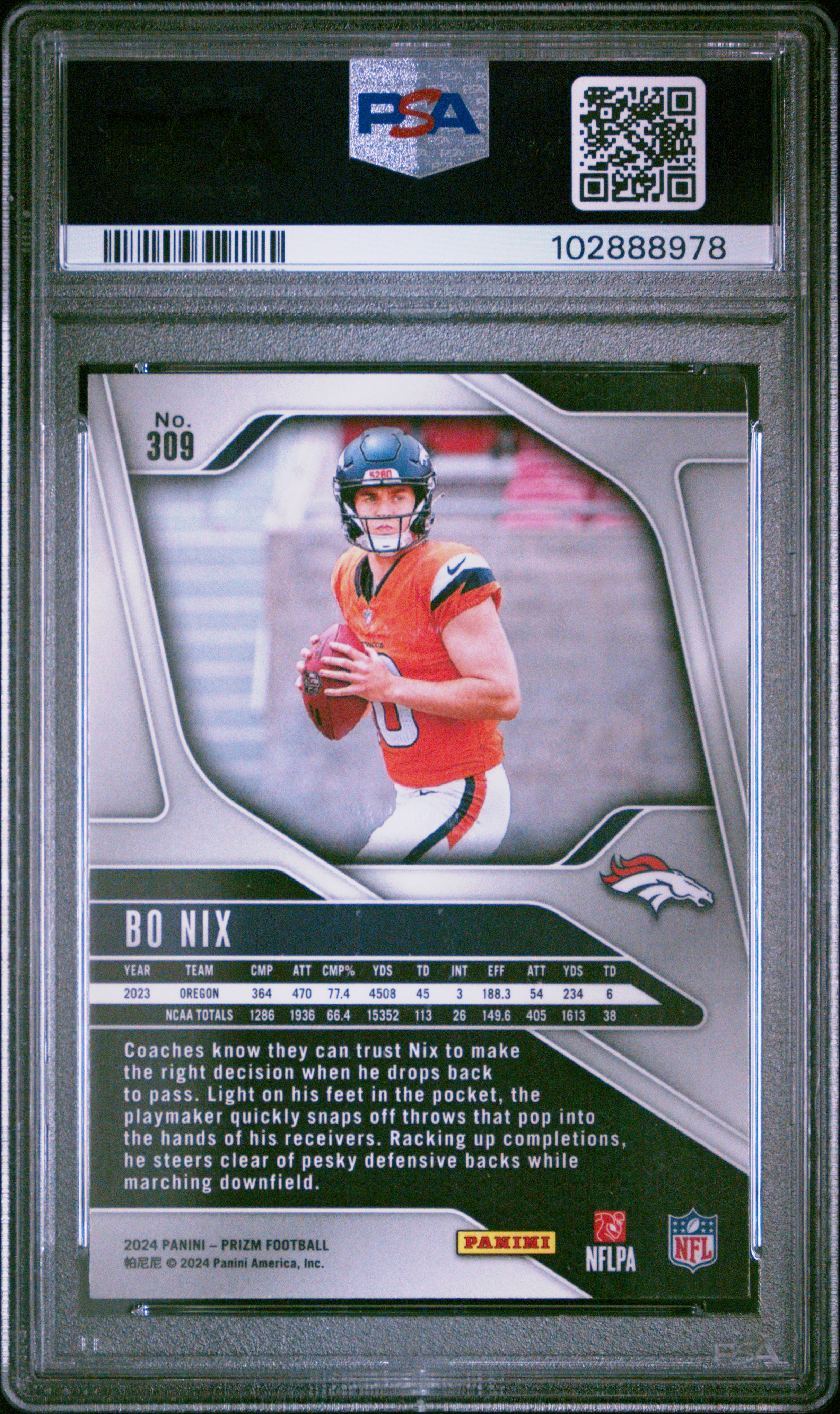 2024 Panini Prizm Bo Nix #309 Mint 9 back