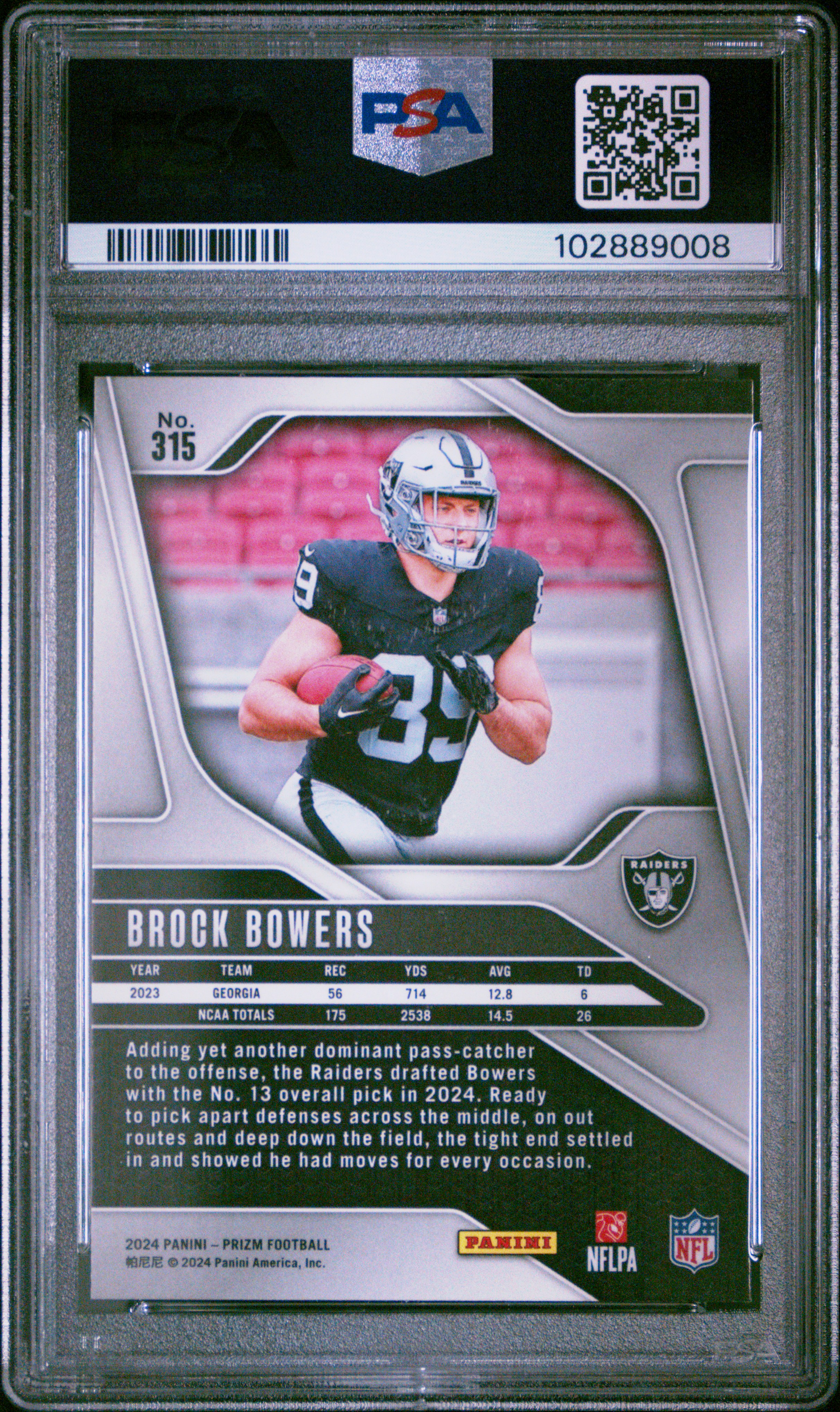 2024 Panini Prizm Brock Bowers #315 Gem Mt 10 back