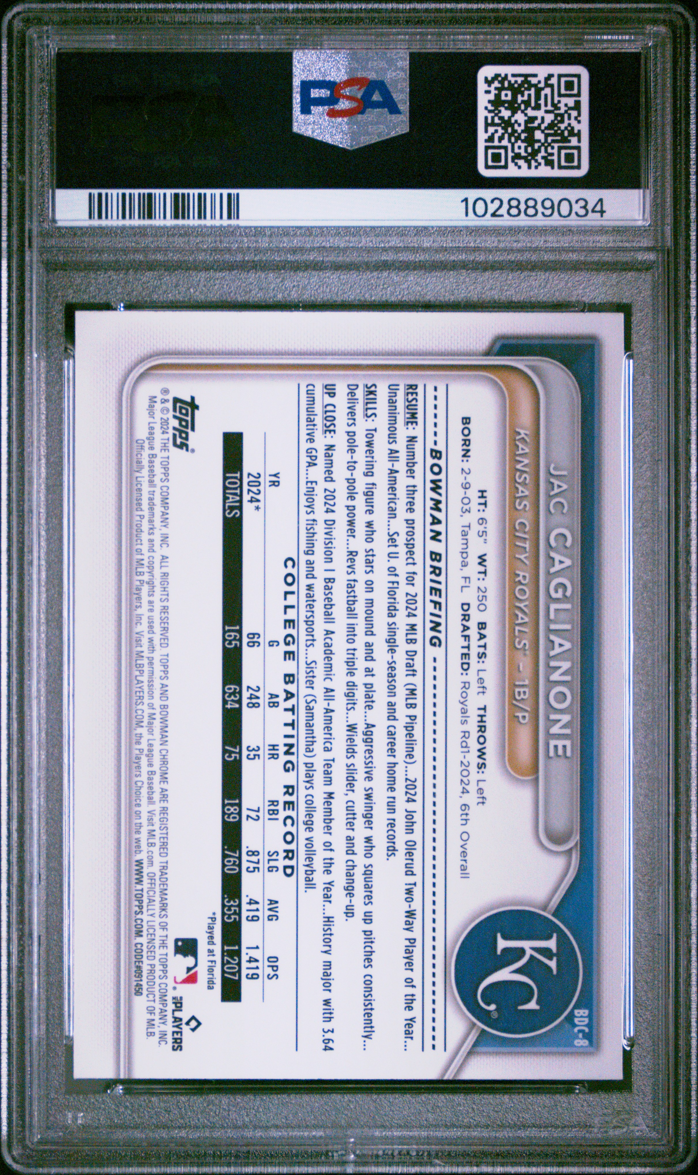 2024 Bowman Draft Jac Caglianone #Bdc8 (Chrome) Nm-Mt 8 back