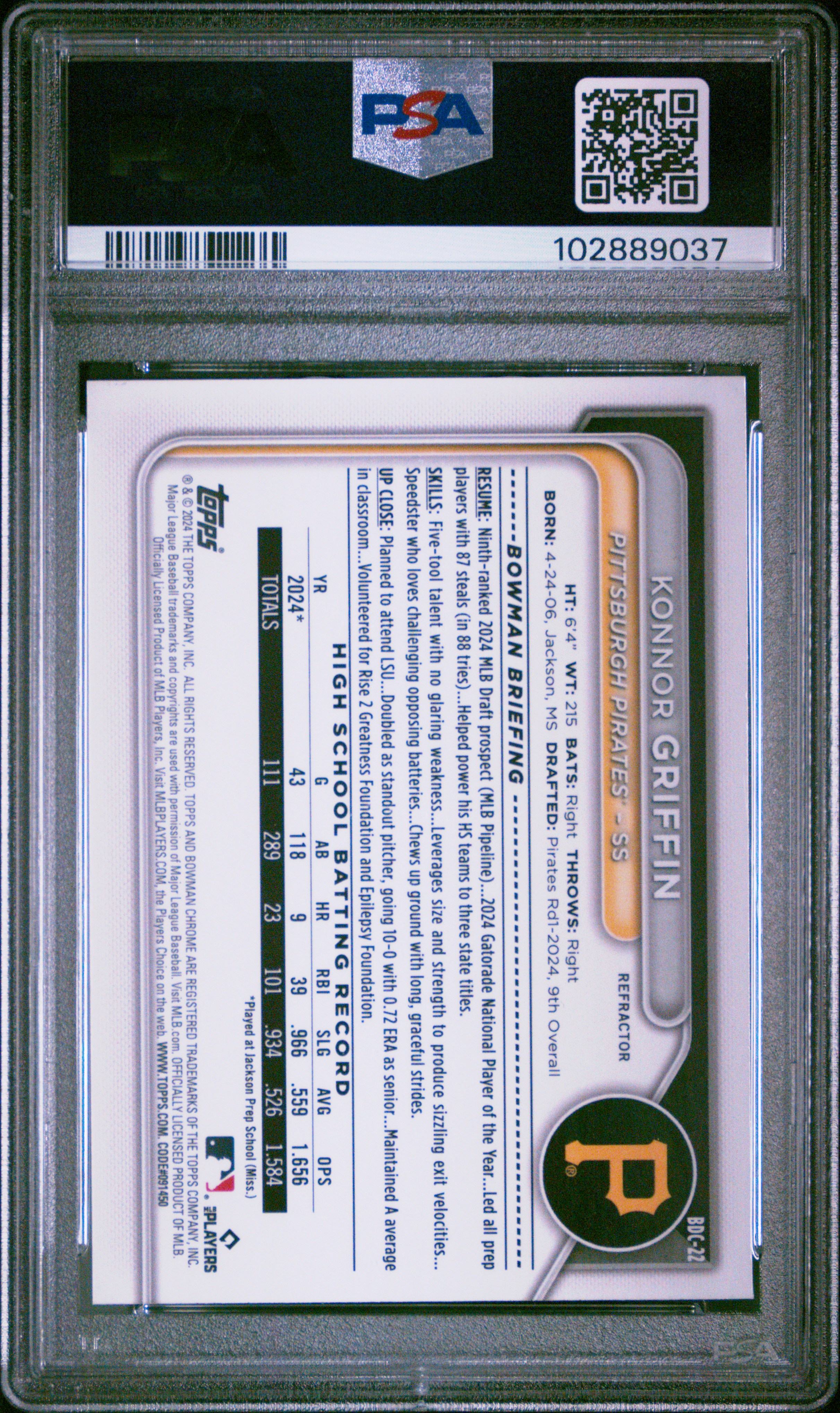 2024 Bowman Draft Konnor Griffin #Bdc22 (Chrome-Refractor) Gem Mt 10 back