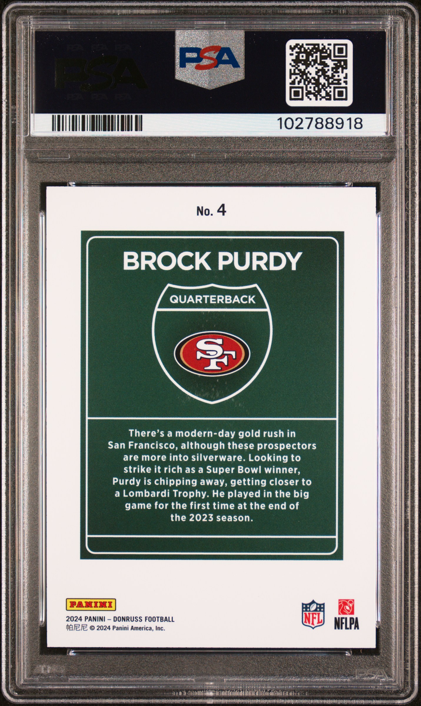 2024 Panini Donruss Downtown! Brock Purdy #4 Gem Mt 10 back