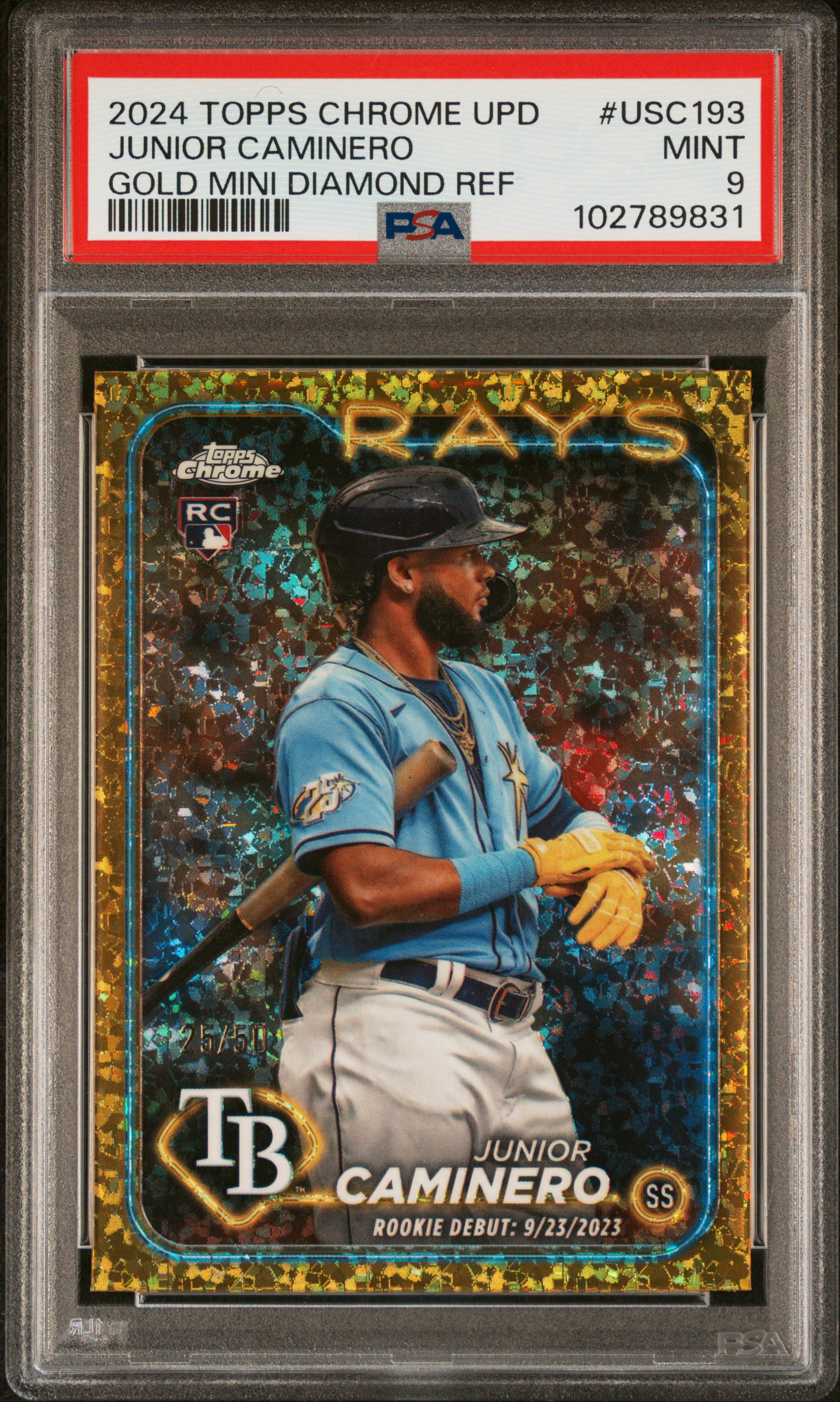 2024 Topps Chrome Update Junior Caminero #Usc193 (Gold Mini Diamond Ref) Mint 9 front