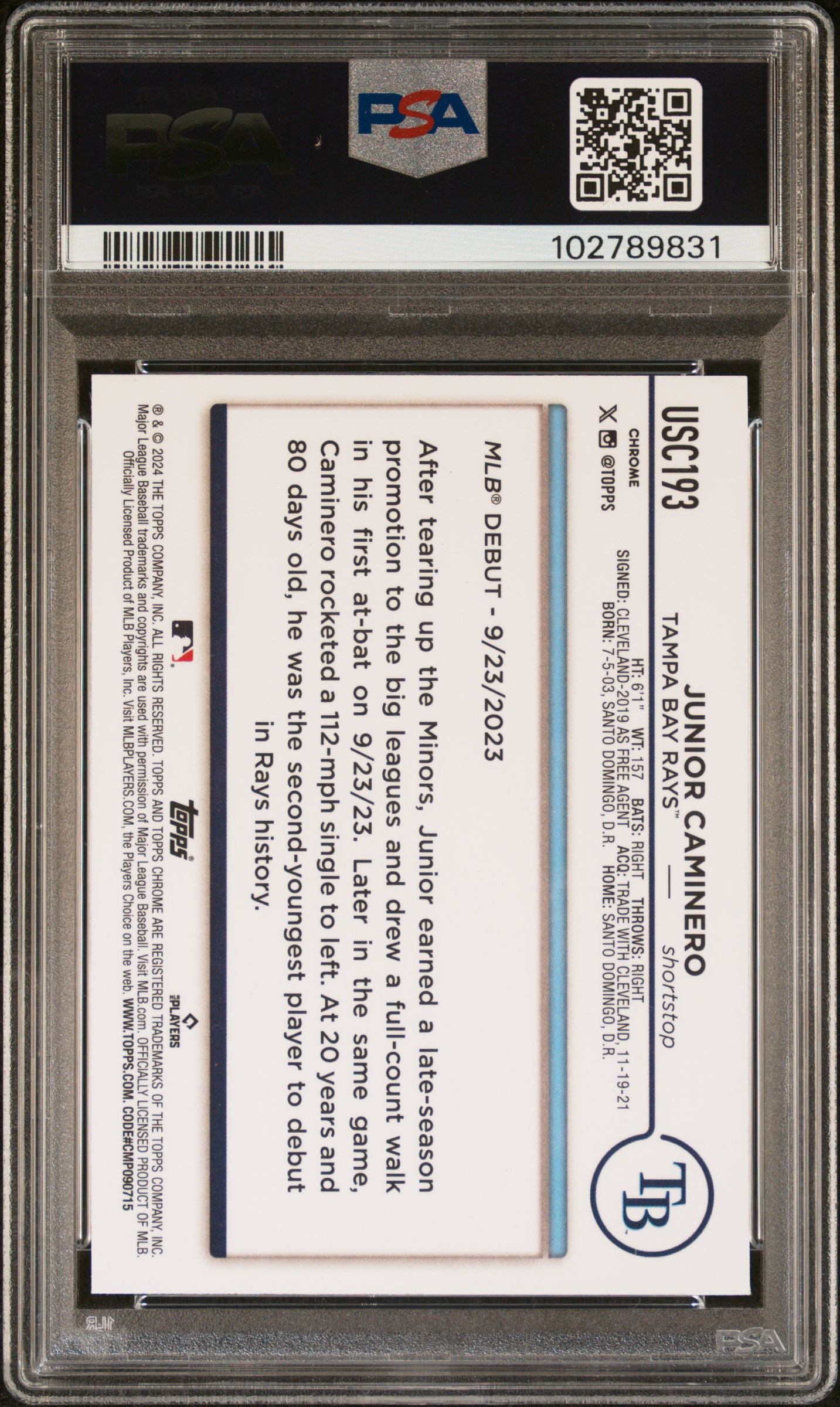 2024 Topps Chrome Update Junior Caminero #Usc193 (Gold Mini Diamond Ref) Mint 9 back