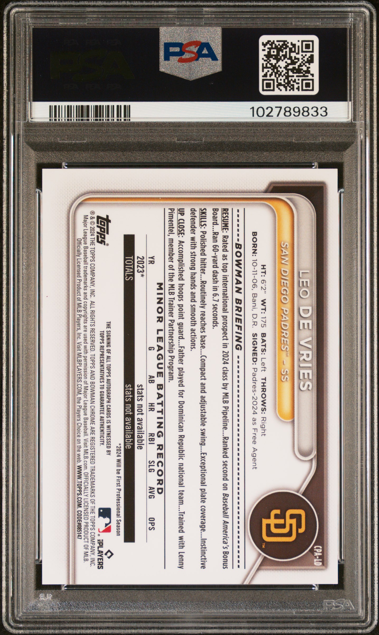 2024 Bowman Chrome Prospect Autographs Leo De Vries #Cpald (Prospect Auto-Speckle Ref) Gem Mt 10 back