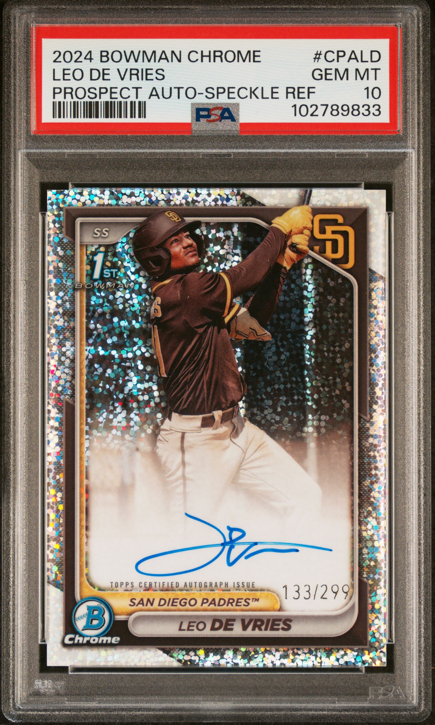 2024 Bowman Chrome Prospect Autographs Leo De Vries #Cpald (Prospect Auto-Speckle Ref) Gem Mt 10 front