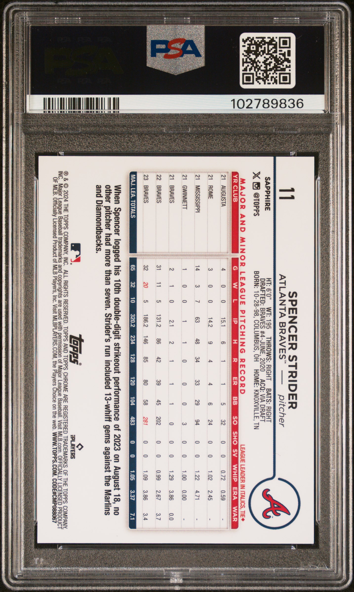 2024 Topps Chrome Sapphire Spencer Strider #11 (Black) Gem Mt 10 back