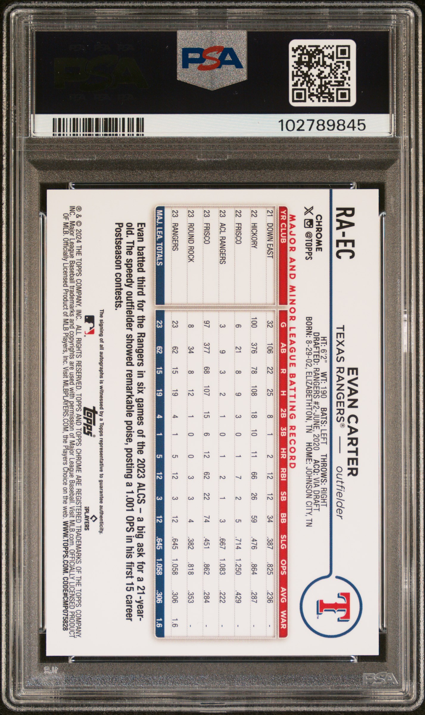 2024 Topps Chrome Rookie Autographs Evan Carter #Raec Gem Mt 10 back