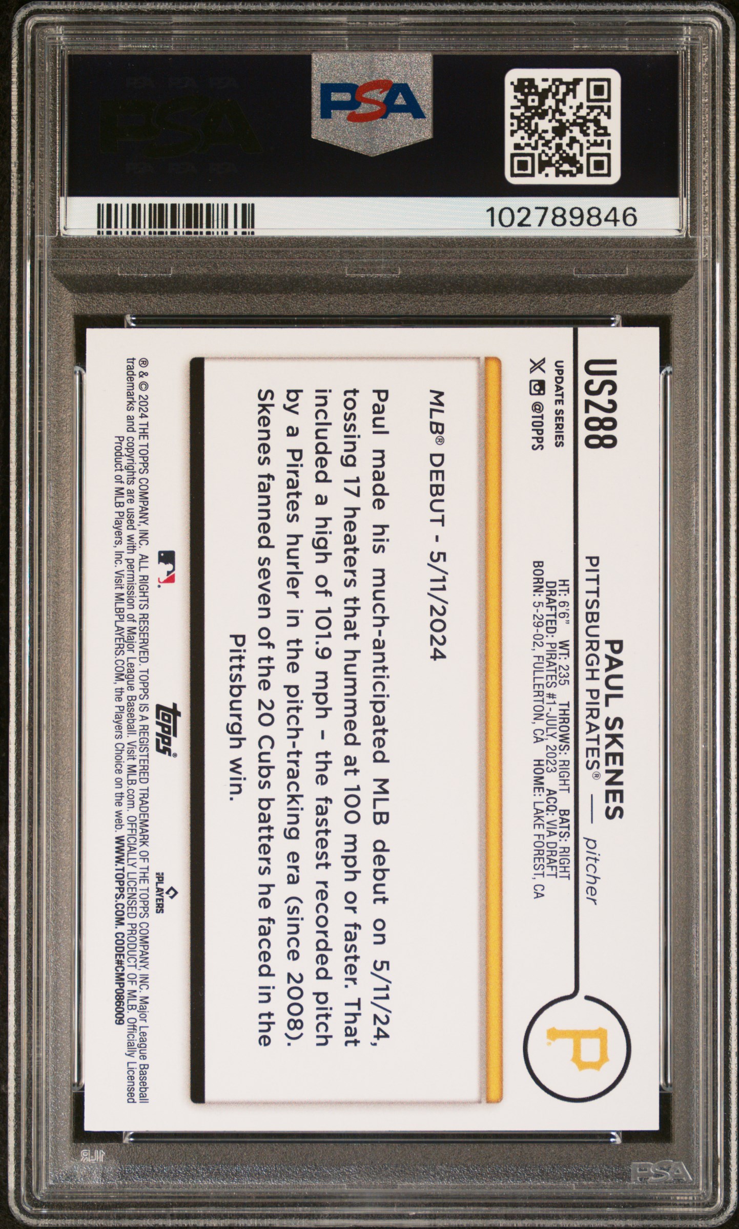 2024 Topps Update Paul Skenes #Us288 Gem Mt 10 back