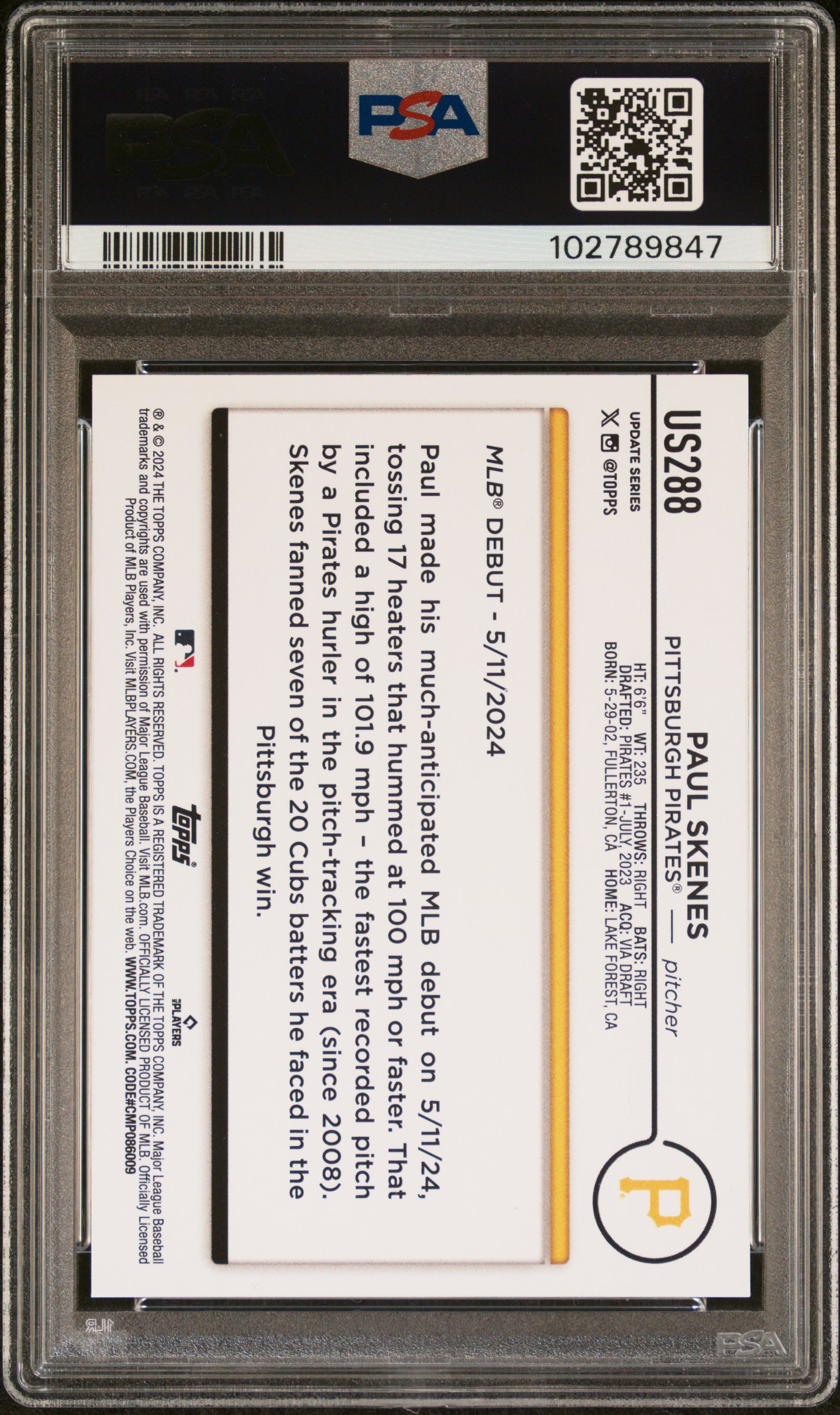 2024 Topps Update Paul Skenes #Us288 Gem Mt 10 back