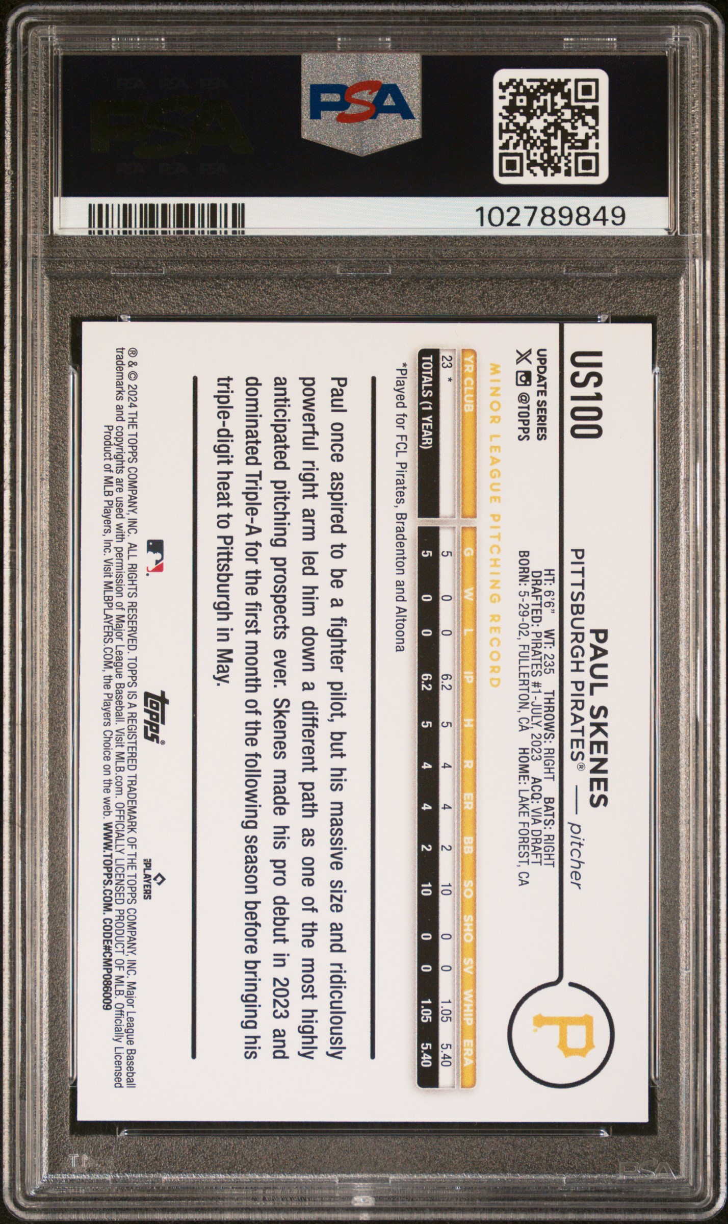 2024 Topps Update Paul Skenes #Us100 Gem Mt 10 back