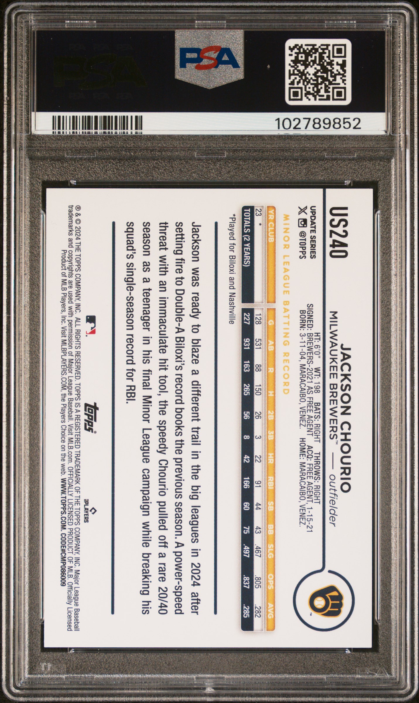 2024 Topps Update Jackson Chourio #Us240 Mint 9 back