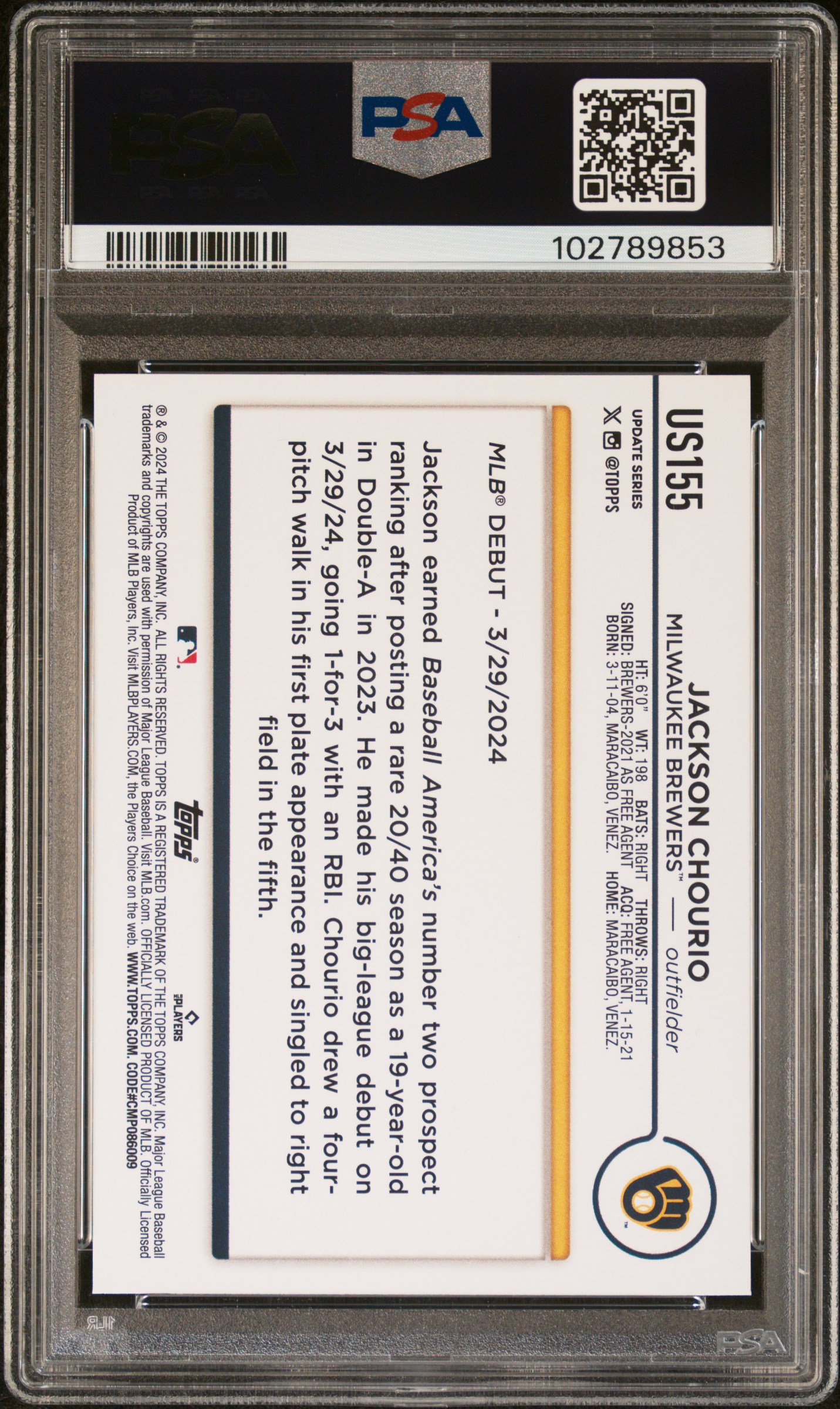 2024 Topps Update Jackson Chourio #Us155 Gem Mt 10 back