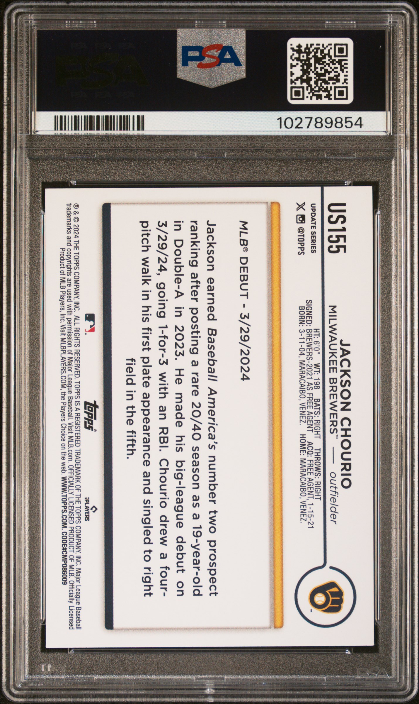 2024 Topps Update Jackson Chourio #Us155 Mint 9 back