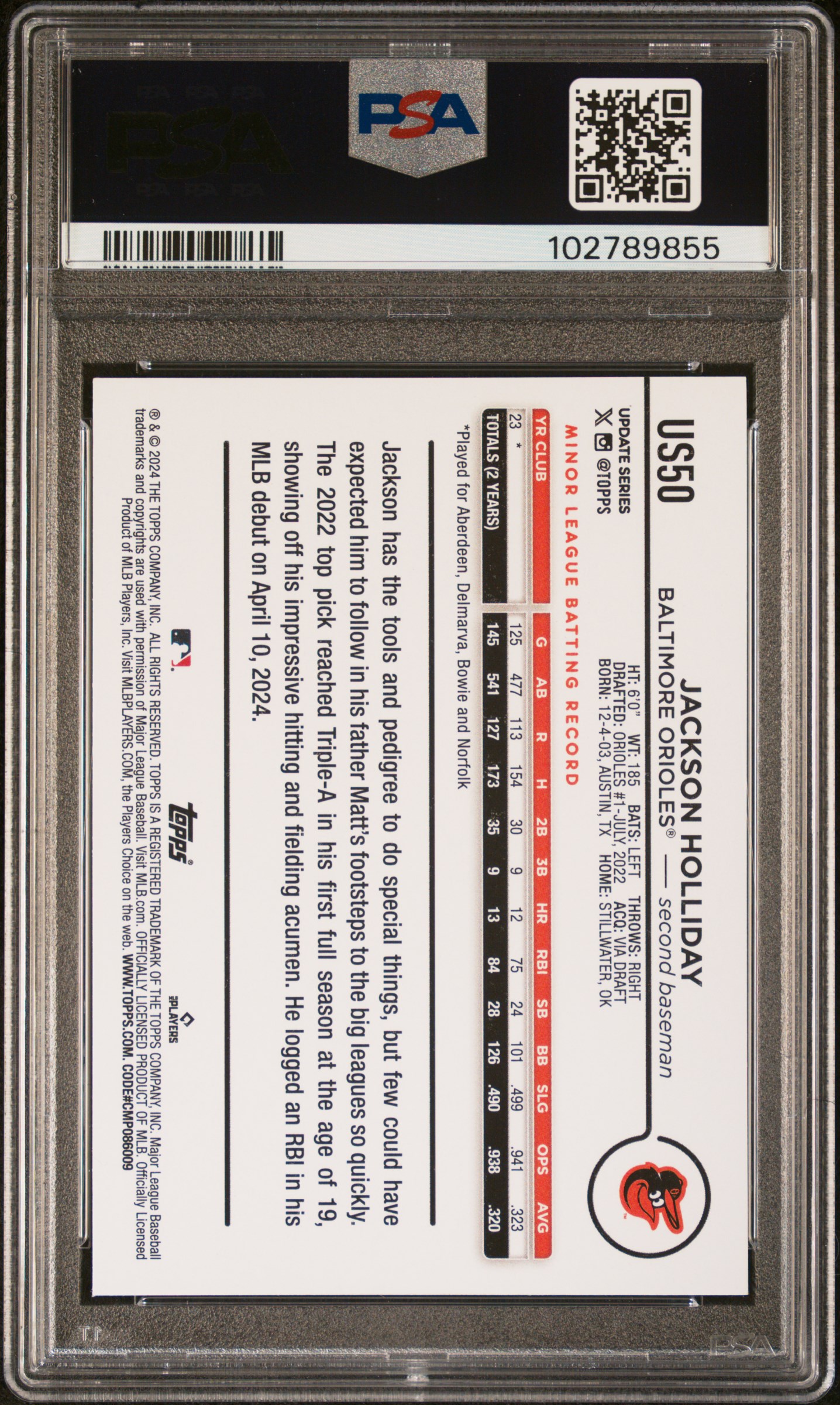 2024 Topps Update Jackson Holliday #Us50 Mint 9 back