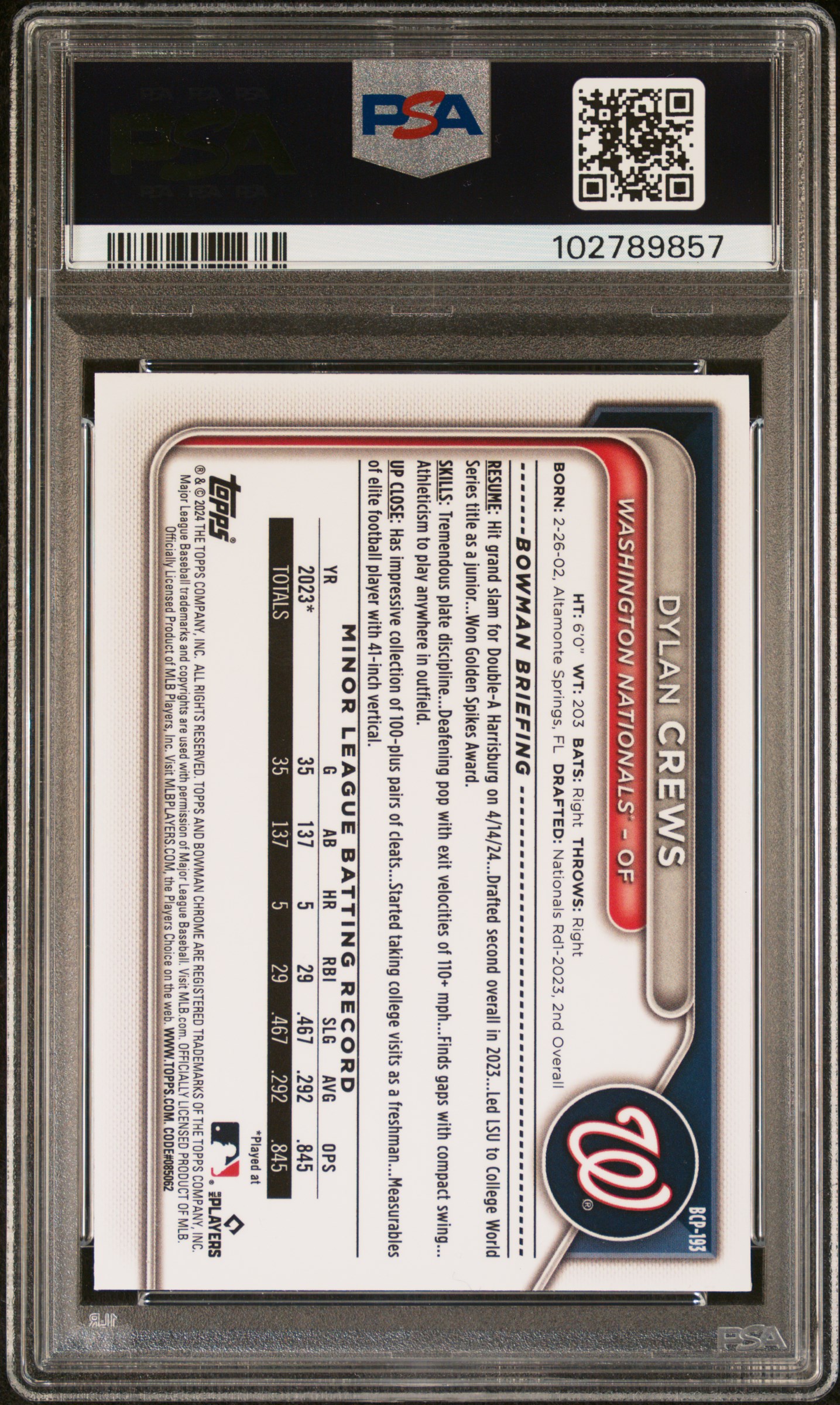 2024 Bowman Chrome Prospects Dylan Crews #Bcp193 (Prospects-Speckle Ref) Gem Mt 10 back