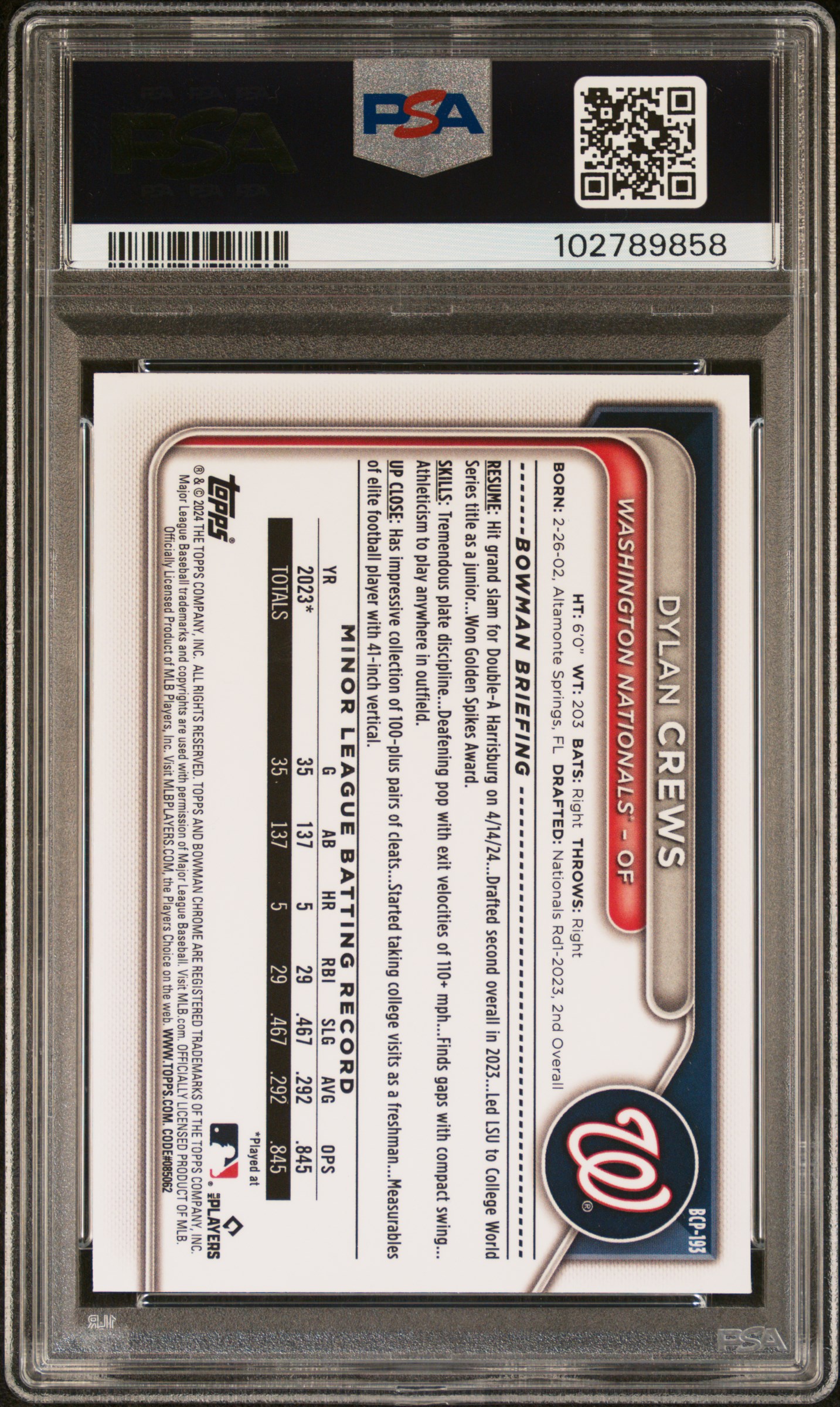 2024 Bowman Chrome Prospects Dylan Crews #Bcp193 (Prospects-Speckle Ref) Gem Mt 10 back