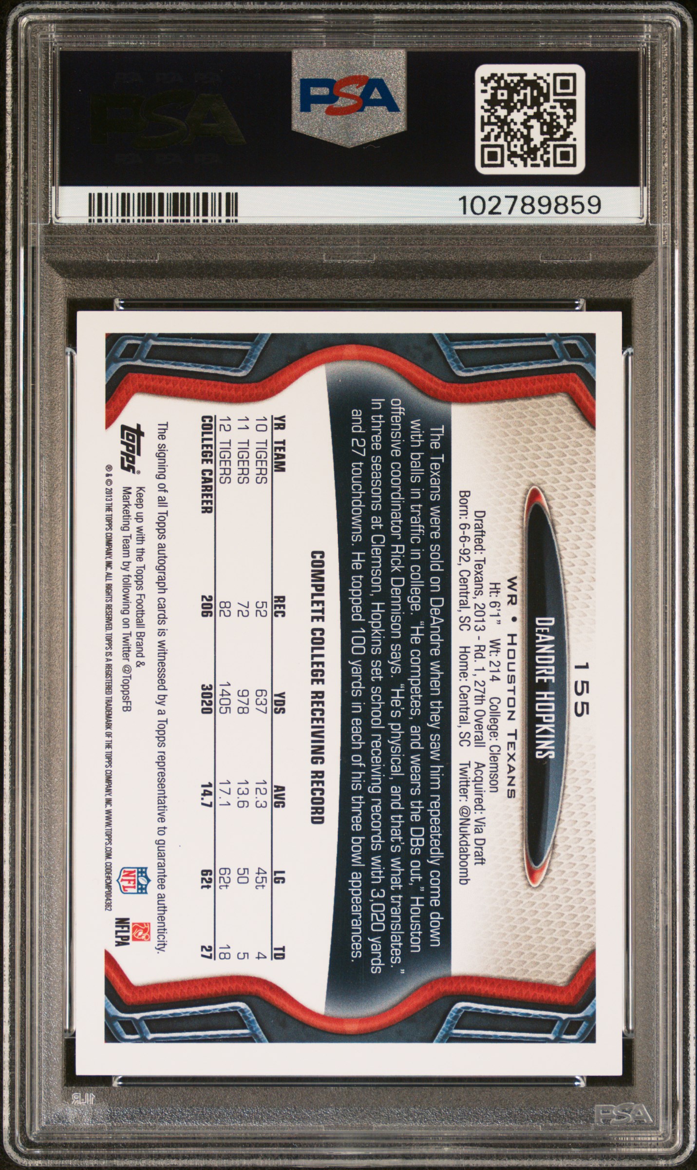 2013 Topps Deandre Hopkins #155 (Ball In Right Hand-Auto.) Ex-Mt 6 back