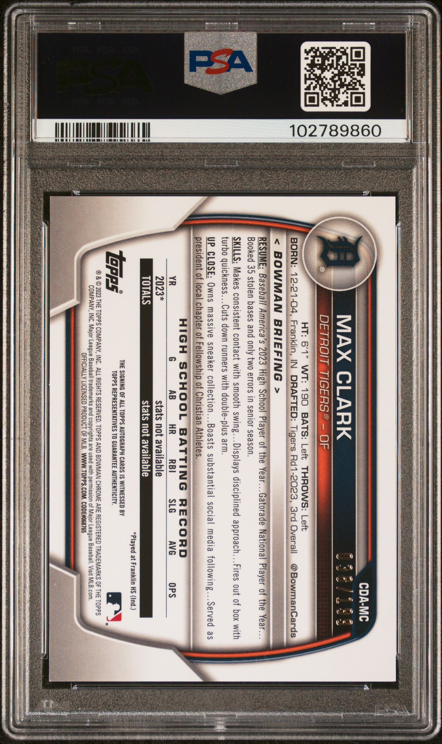 2023 Bowman Draft Sapphire Edition Chrome Prospect Autographs Max Clark #Cdamc (Chrome Prospect Auto) Gem Mt 10 back