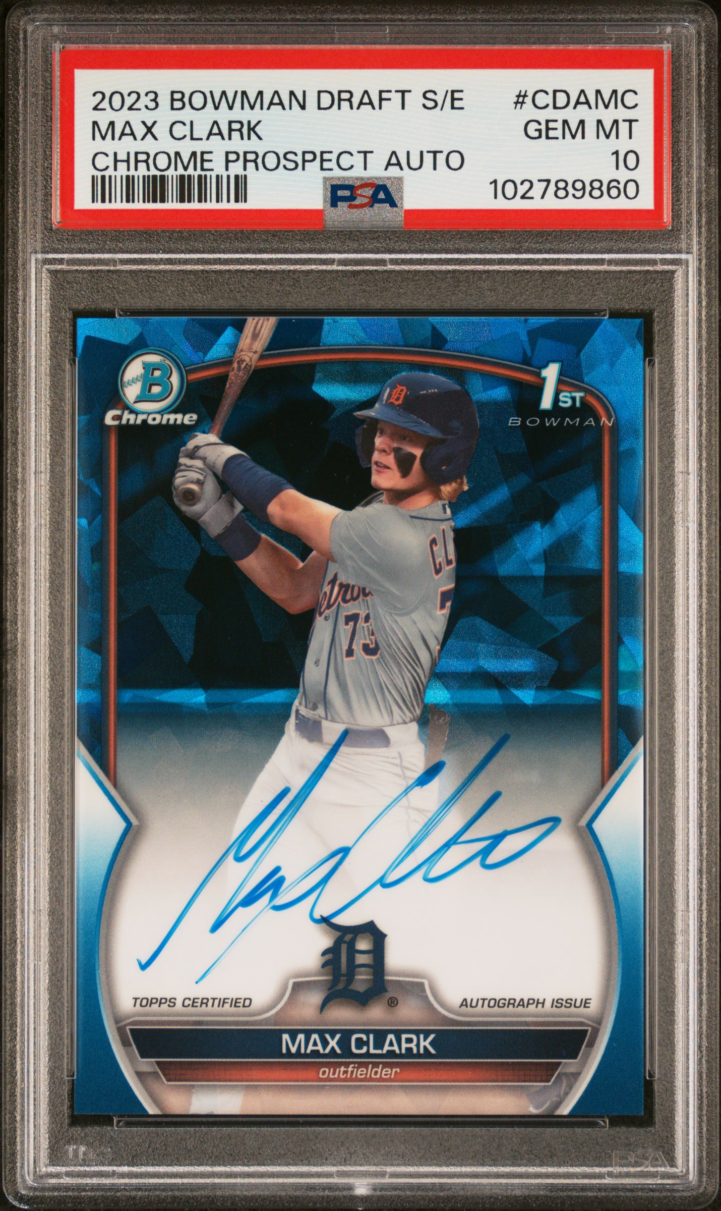 2023 Bowman Draft Sapphire Edition Chrome Prospect Autographs Max Clark #Cdamc (Chrome Prospect Auto) Gem Mt 10 front