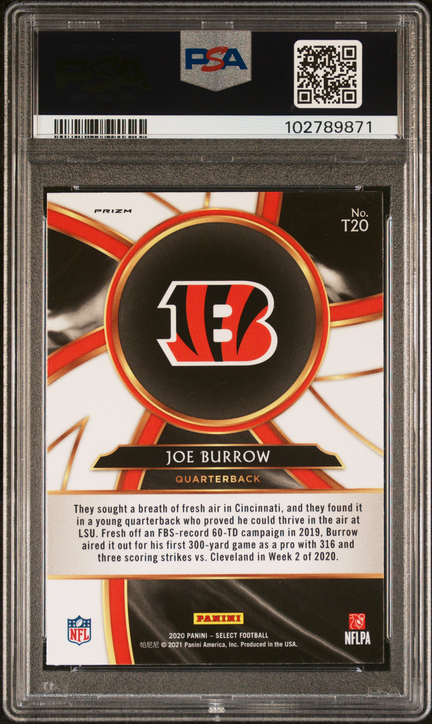 2020 Panini Select Turbocharged Joe Burrow #T20 (Turbocharged-Prizm) Gem Mt 10 back
