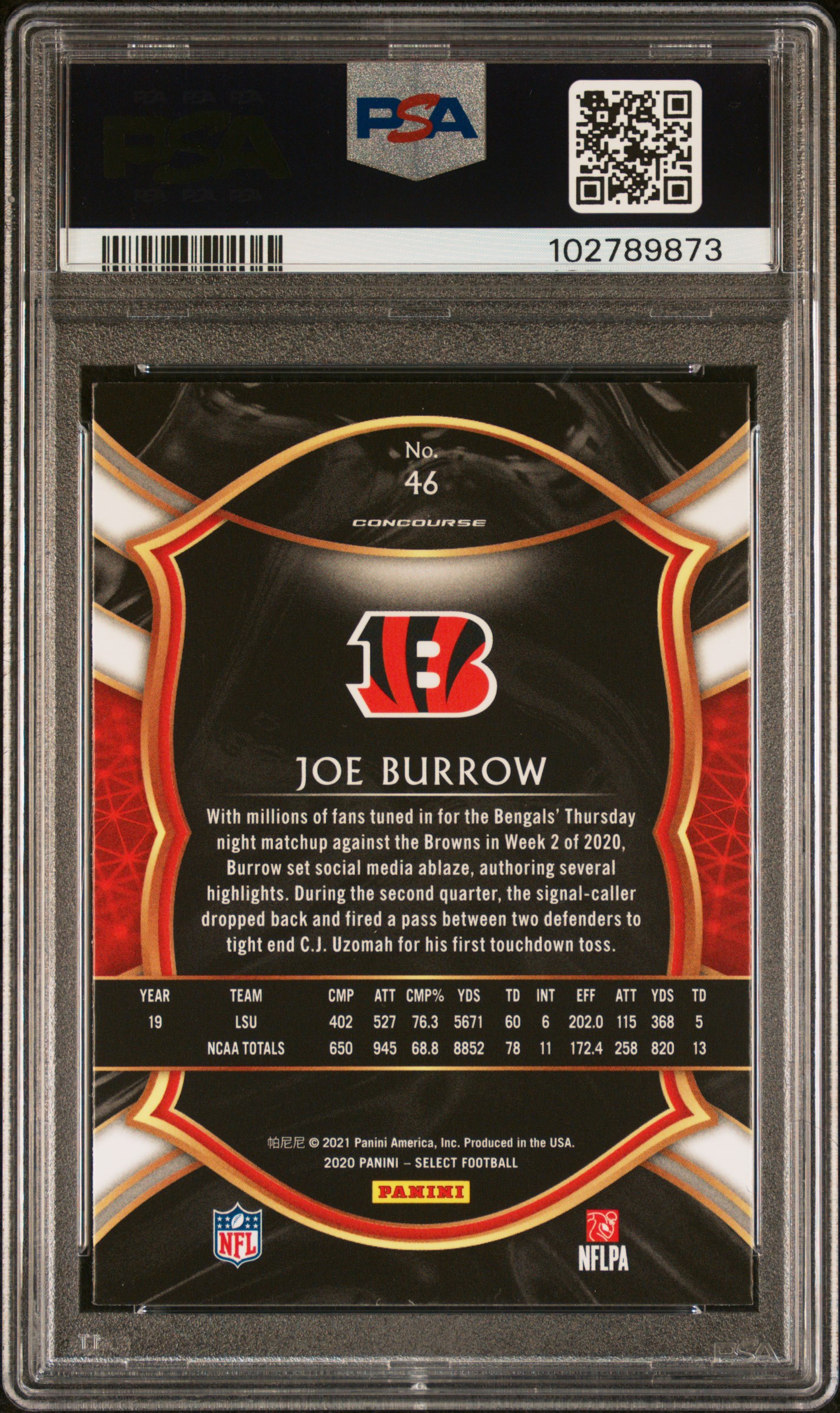 2020 Panini Select Joe Burrow #46 Gem Mt 10 back
