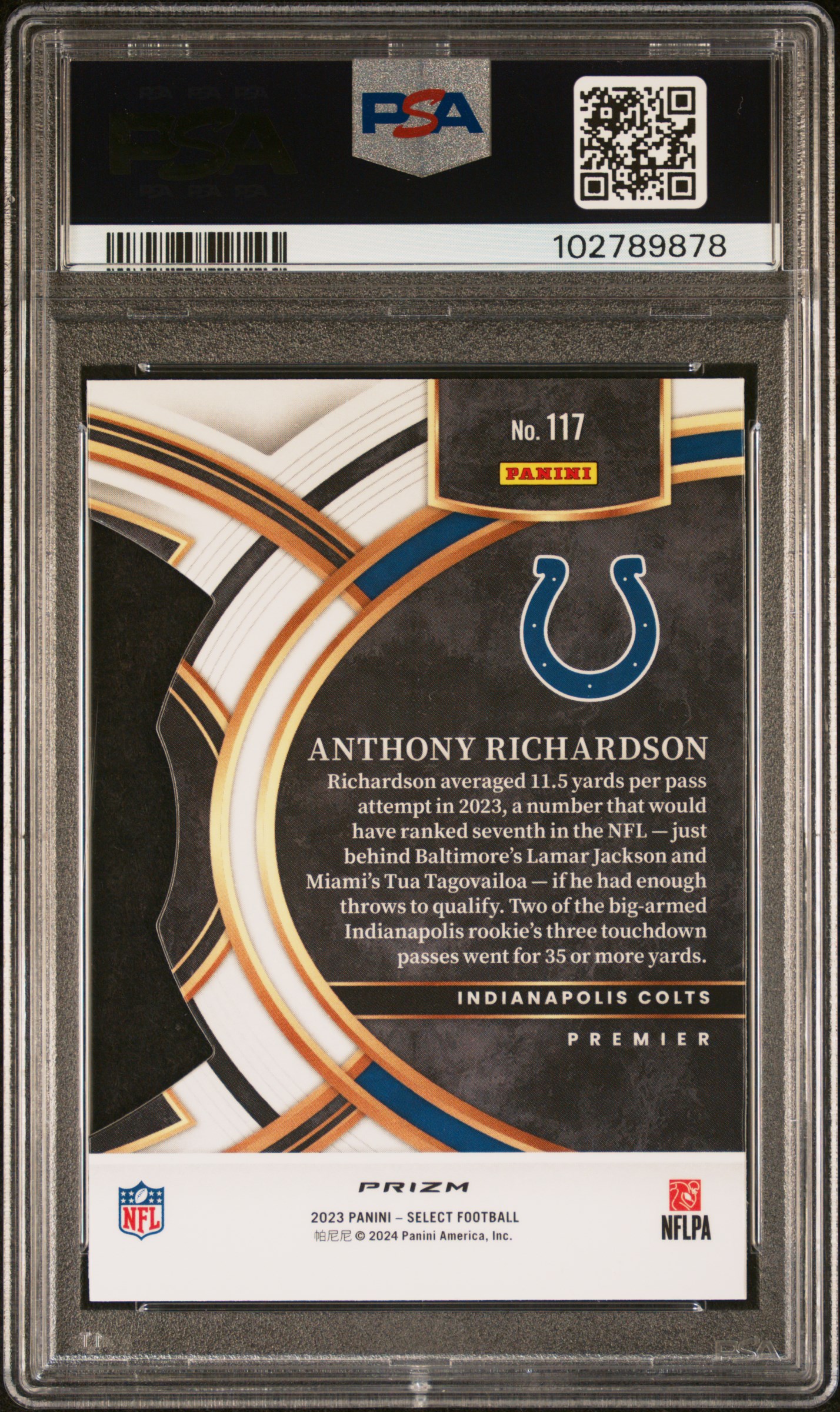 2023 Panini Select Anthony Richardson #117 (Die-Cut Green & Yellow Prizm) Mint 9 back