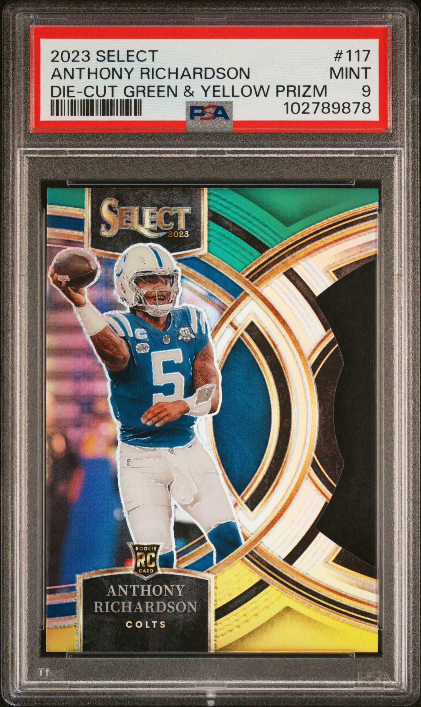 2023 Panini Select Anthony Richardson #117 (Die-Cut Green & Yellow Prizm) Mint 9 front