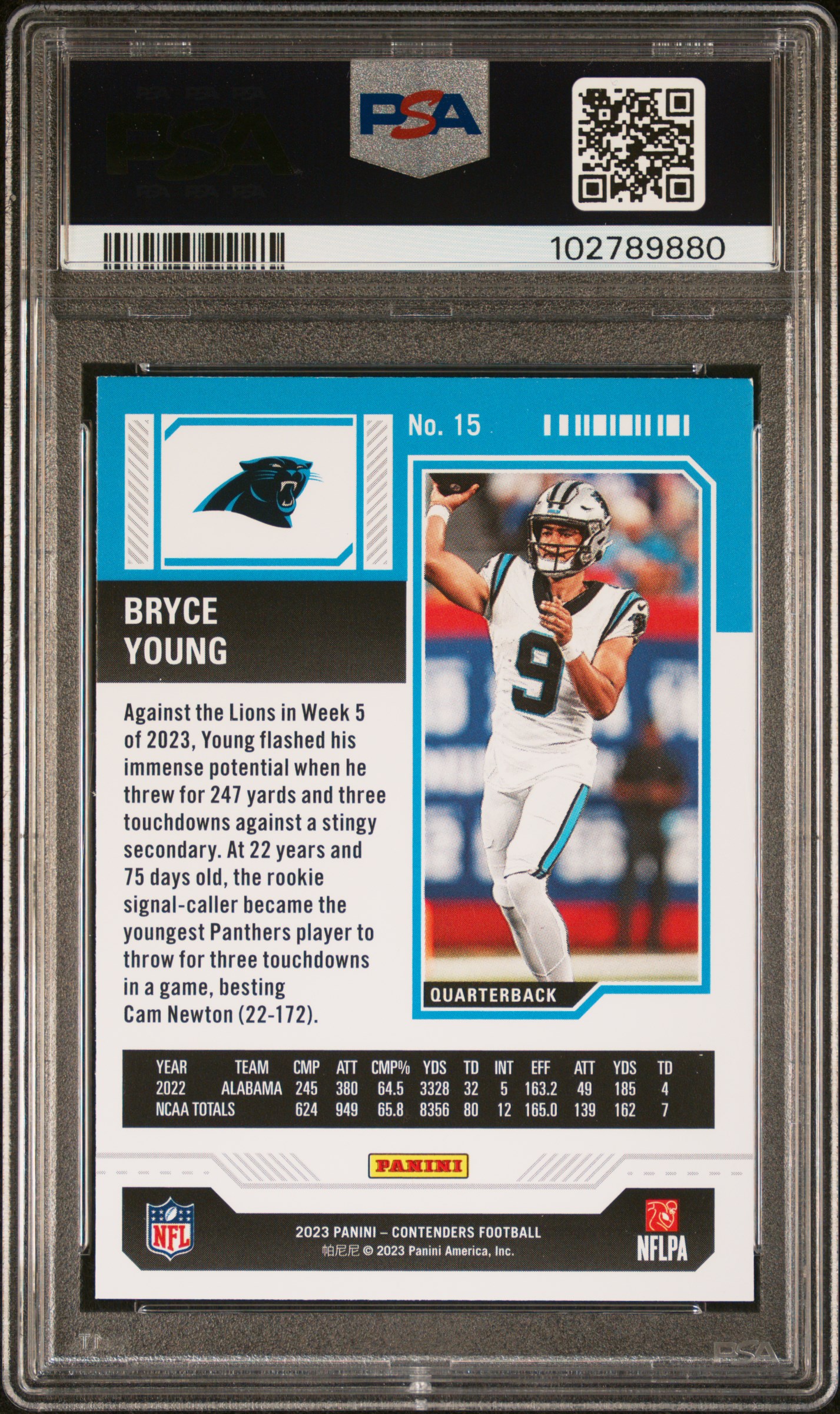 2023 Panini Contenders Bryce Young #15 (Bronze Game Ticket) Mint 9 back