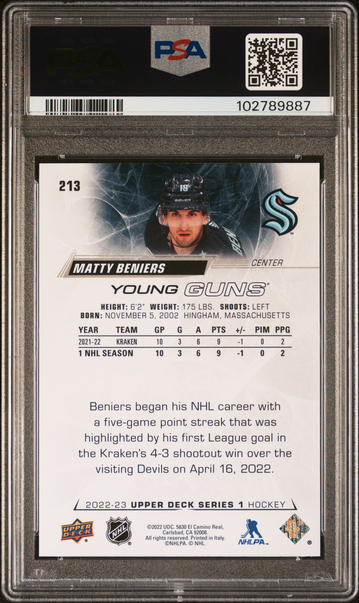 2022 Upper Deck Matty Beniers #213 Mint 9 back