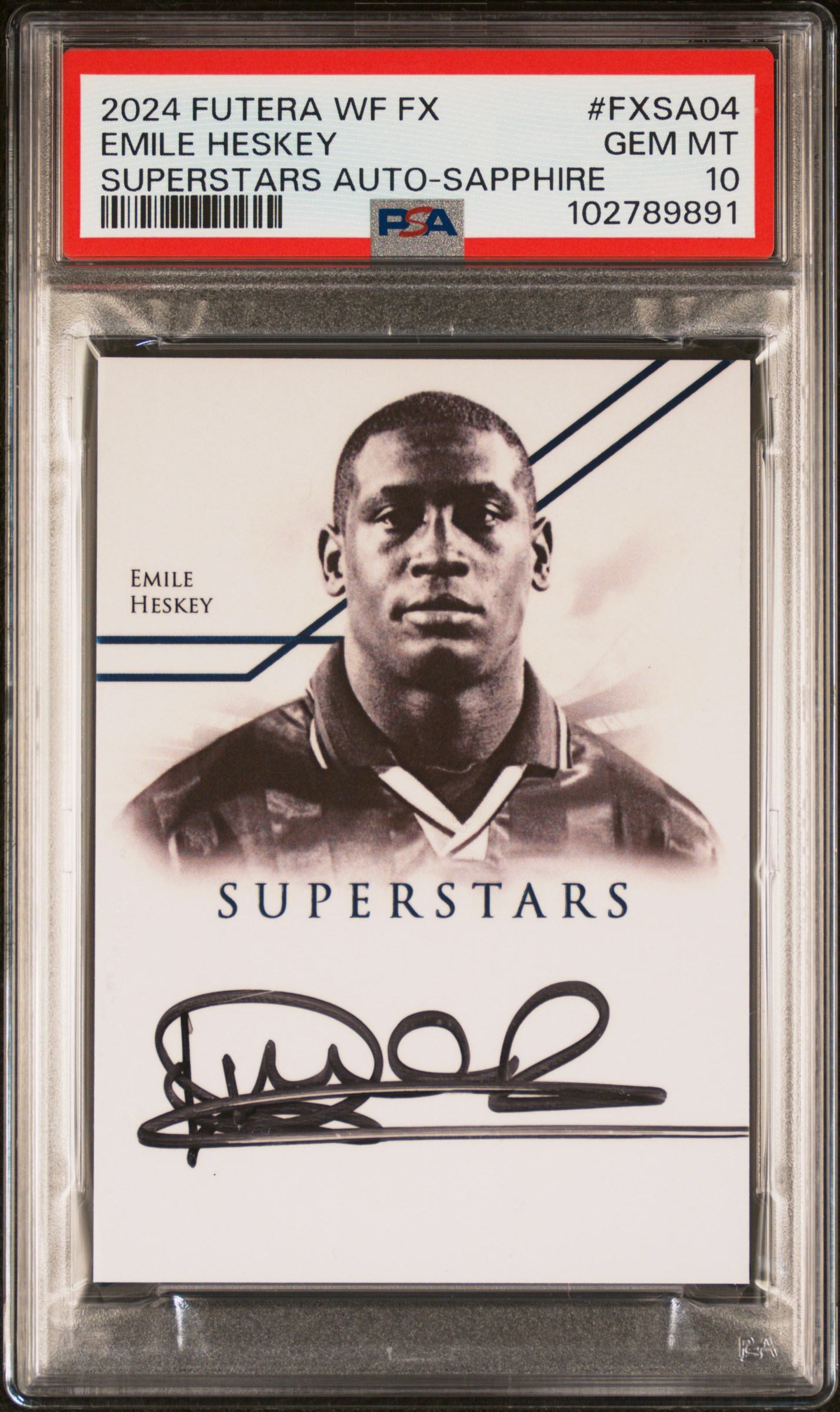 2024 Futera World Football Fx Superstars Autographs Emile Heskey #Fxsa04 (Superstars Auto-Sapphire) Gem Mt 10 front