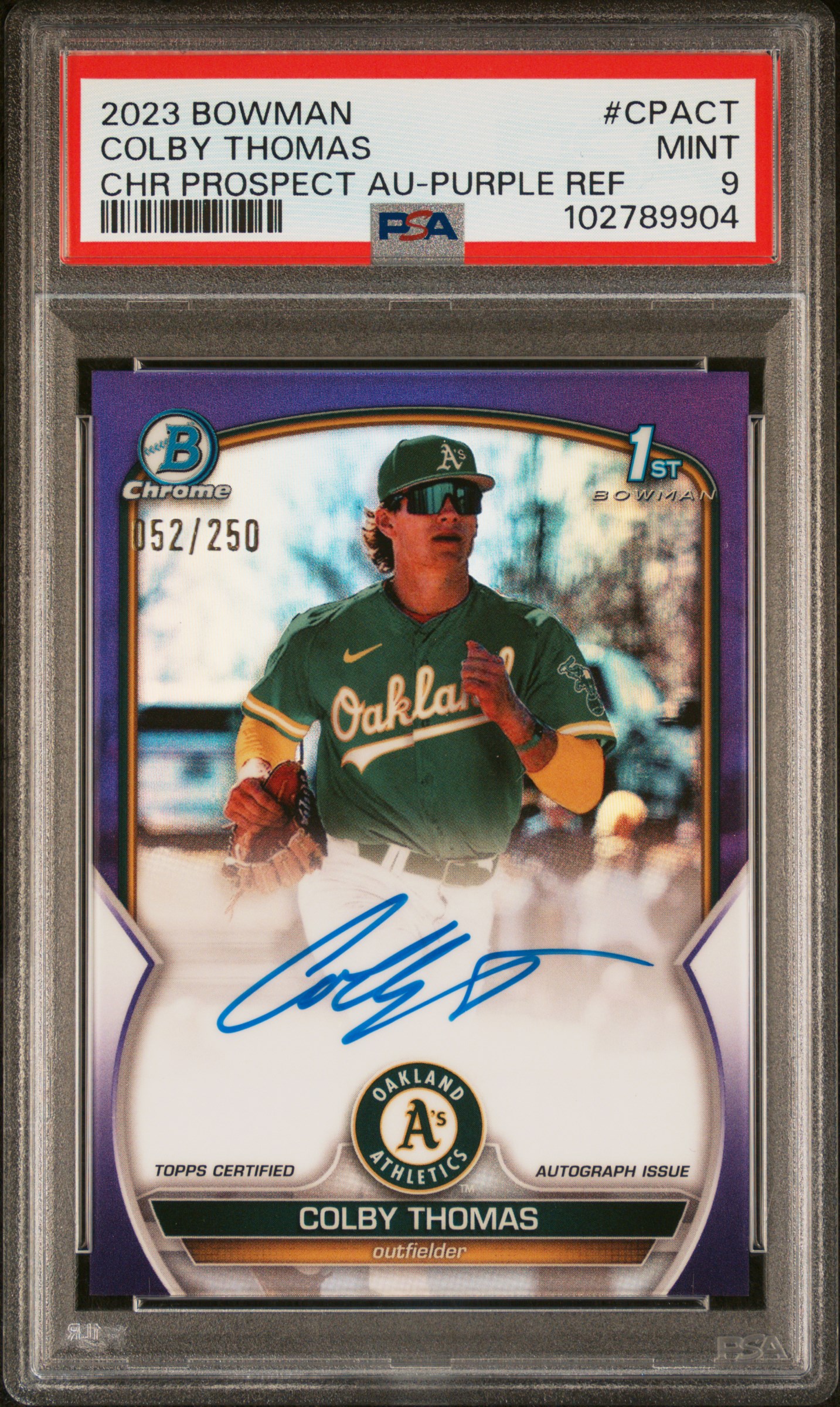 2023 Bowman Chrome Prospect Autographs Colby Thomas #Cpact (Chr Prospect Au-Purple Ref) Mint 9 front