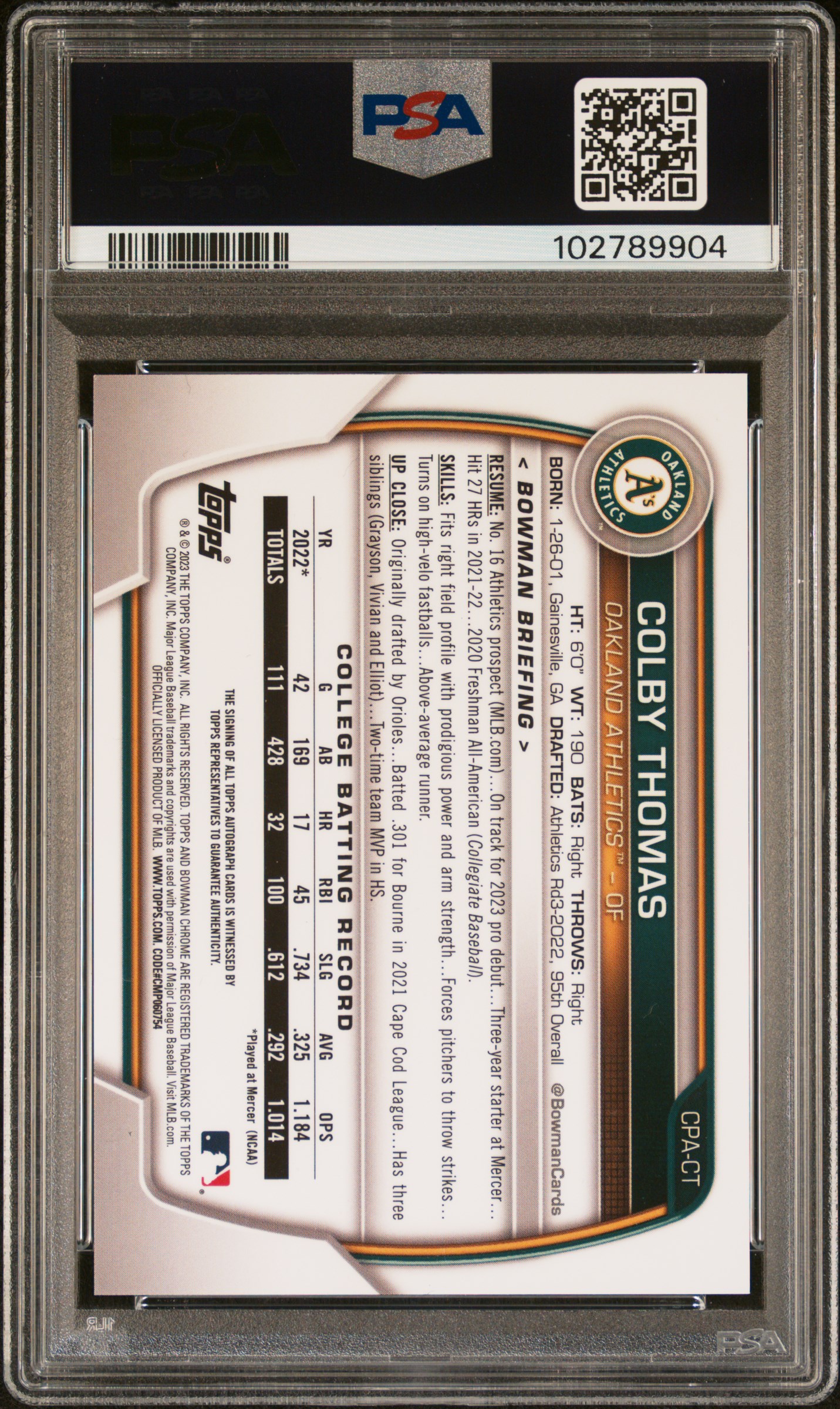 2023 Bowman Chrome Prospect Autographs Colby Thomas #Cpact (Chr Prospect Au-Purple Ref) Mint 9 back