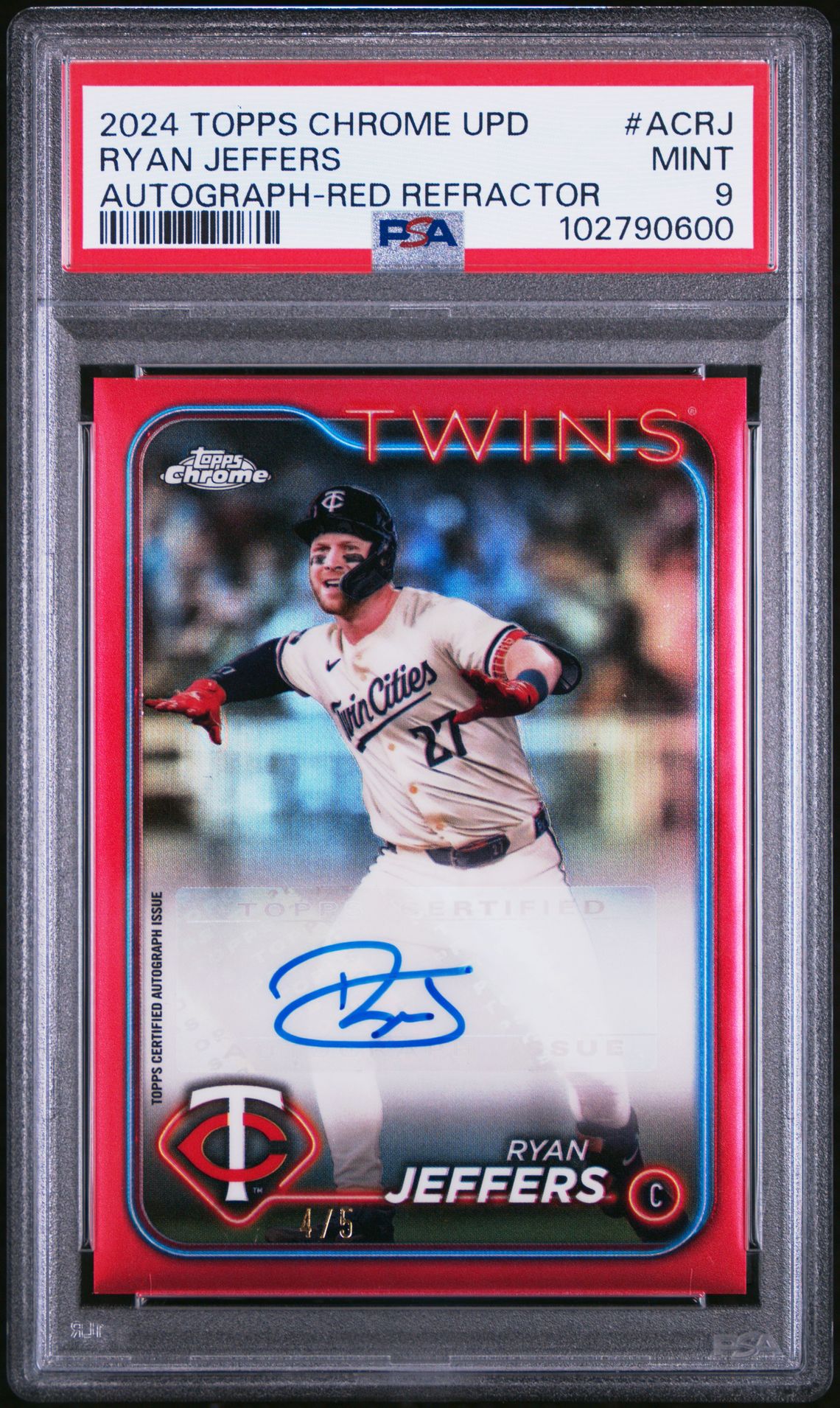 2024 Topps Chrome Update Chrome Baseball Update Series Autographs Ryan Jeffers #Acrj (Autograph-Red Refractor) Mint 9 front