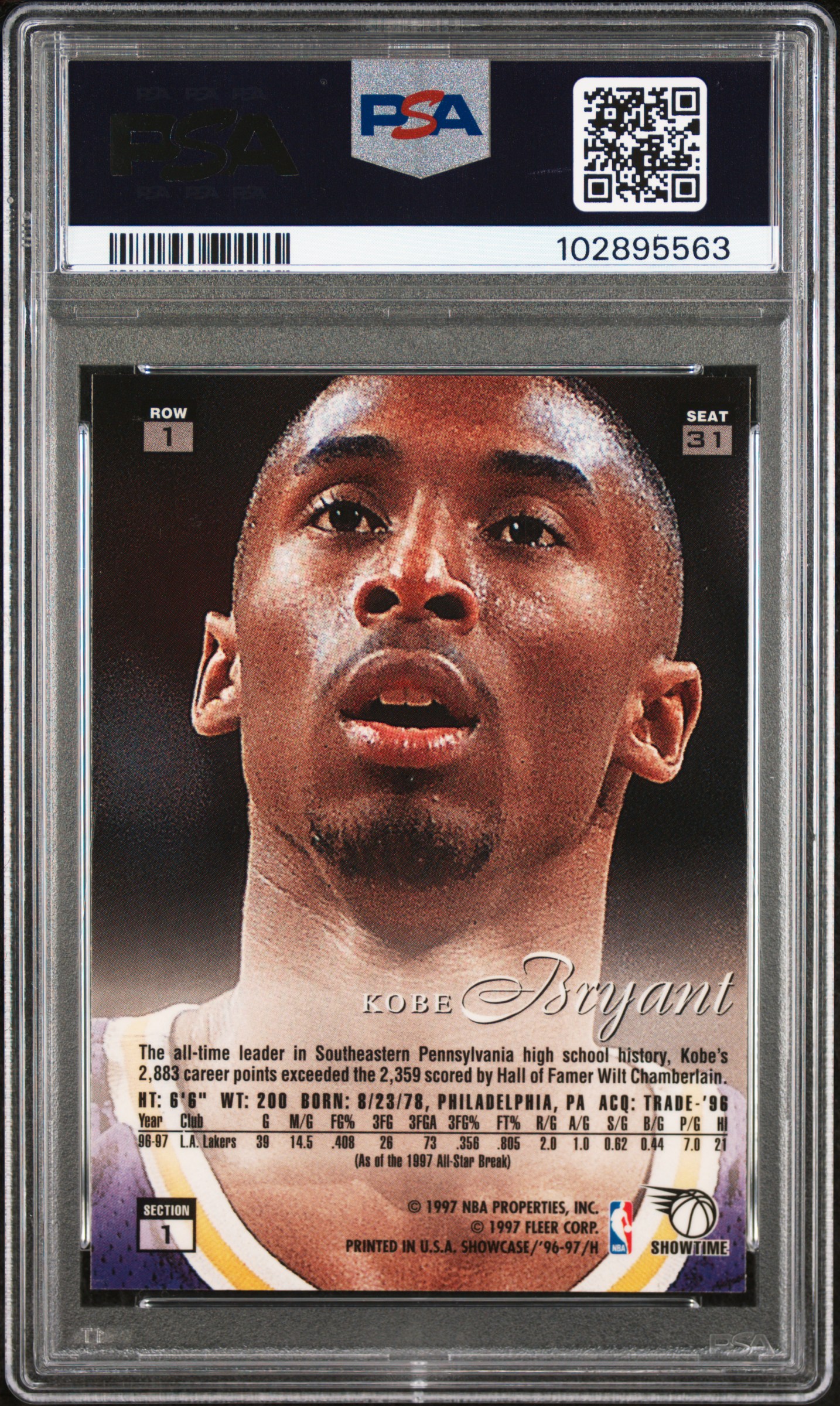 1996 Flair Showcase Kobe Bryant #31 (Row 1) Nm-Mt 8 back