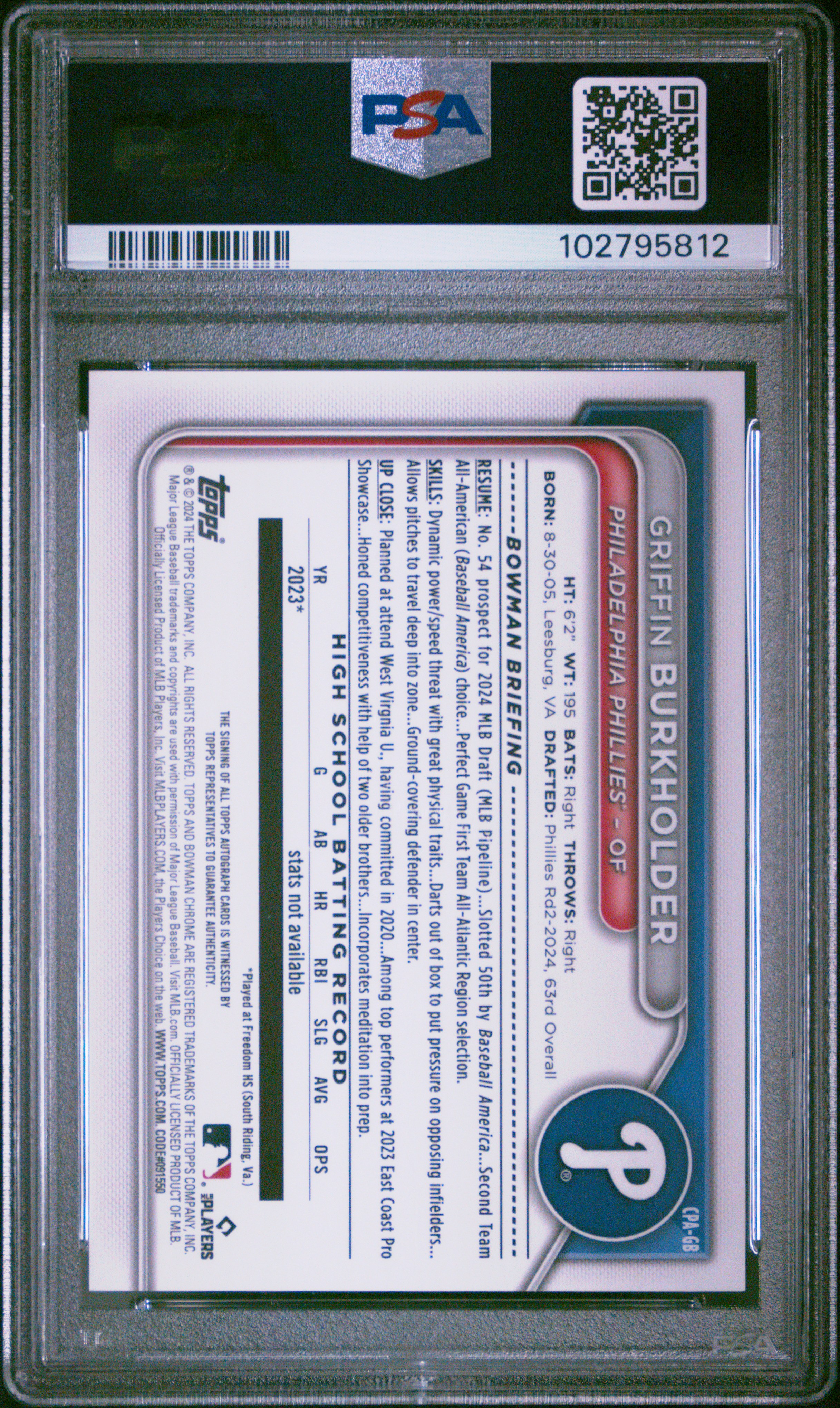 2024 Bowman Draft Chrome Prospect Autographs Griffin Burkholder #Cpagb (Chrome Prospect Au-Org Ref) Gem Mt 10 front