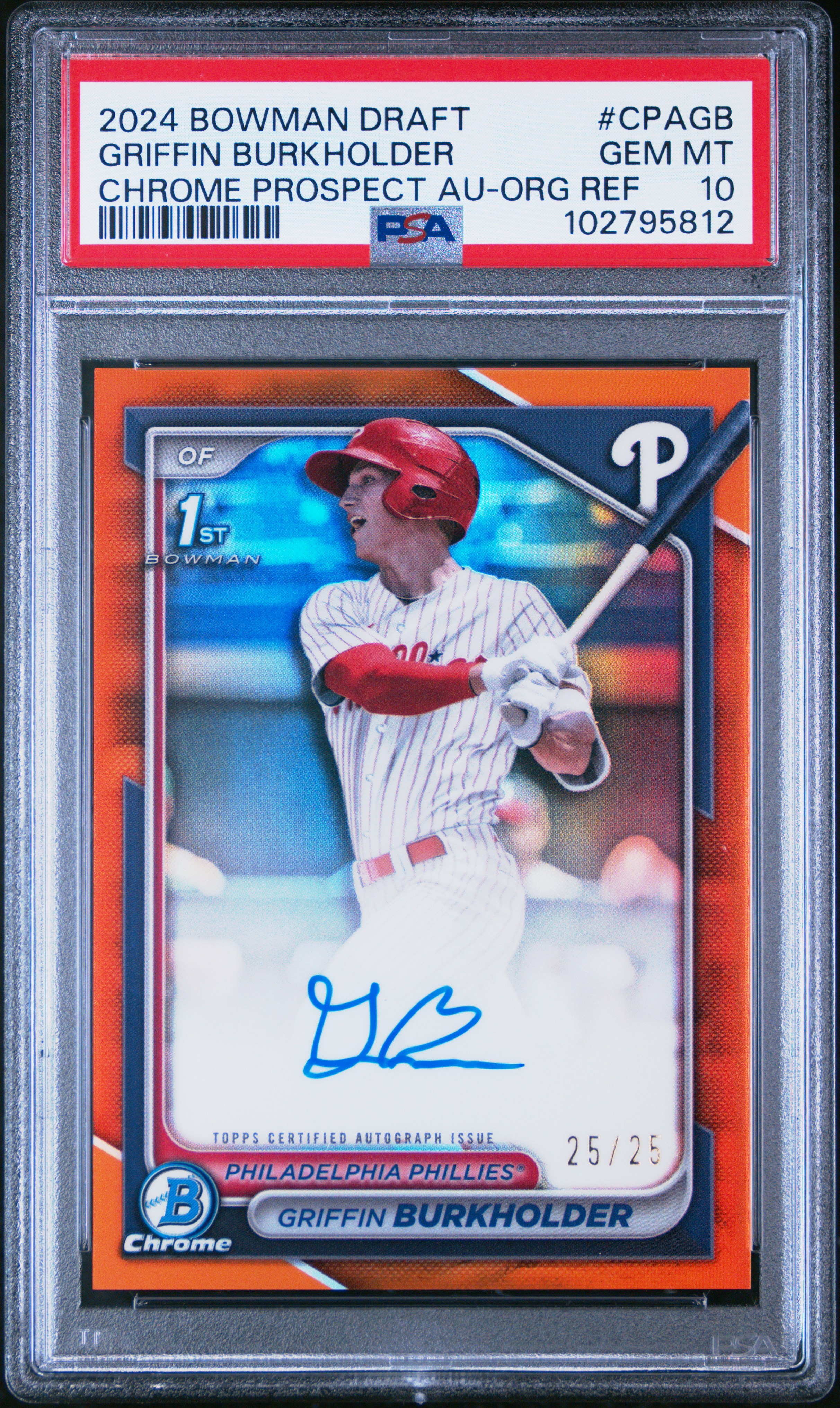 2024 Bowman Draft Chrome Prospect Autographs Griffin Burkholder #Cpagb (Chrome Prospect Au-Org Ref) Gem Mt 10 back