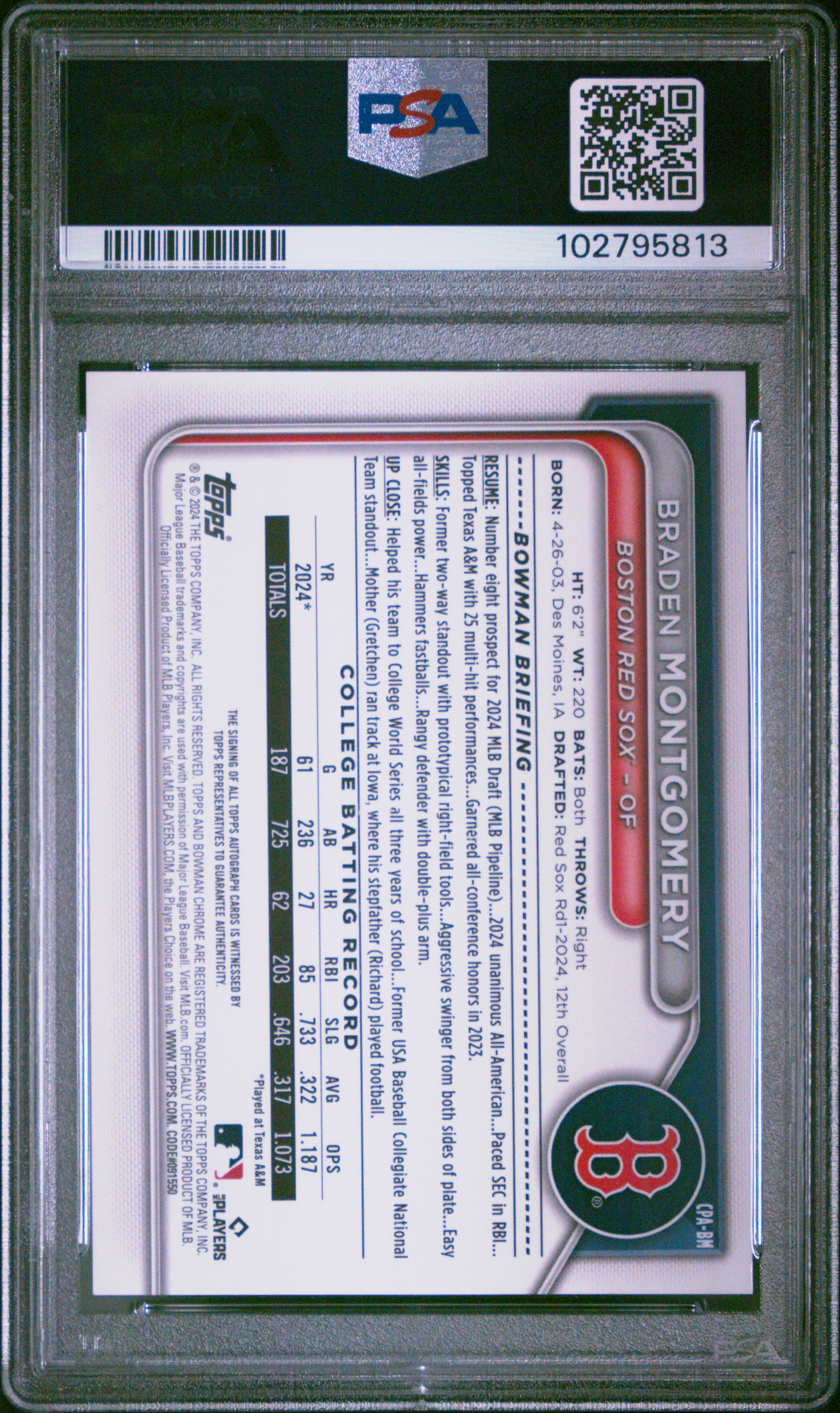 2024 Bowman Draft Chrome Prospect Autographs Braden Montgomery #Cpabm Mint 9 front