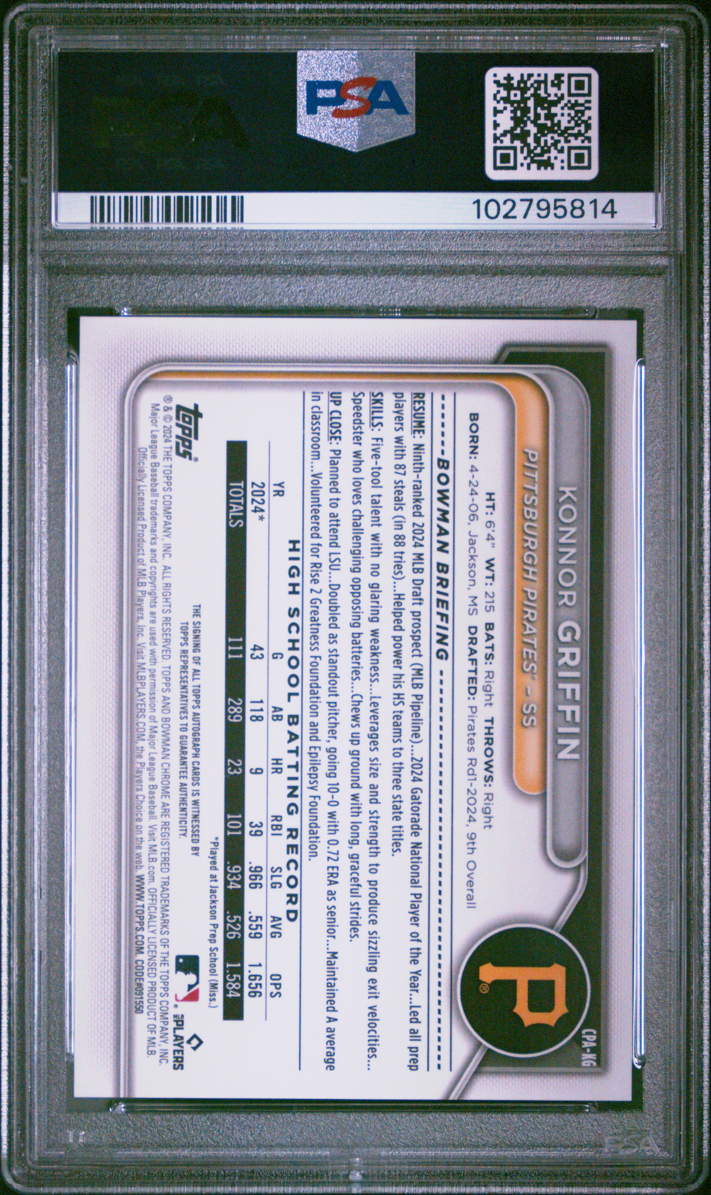 2024 Bowman Draft Chrome Prospect Autographs Konnor Griffin #Cpakg Gem Mt 10 front