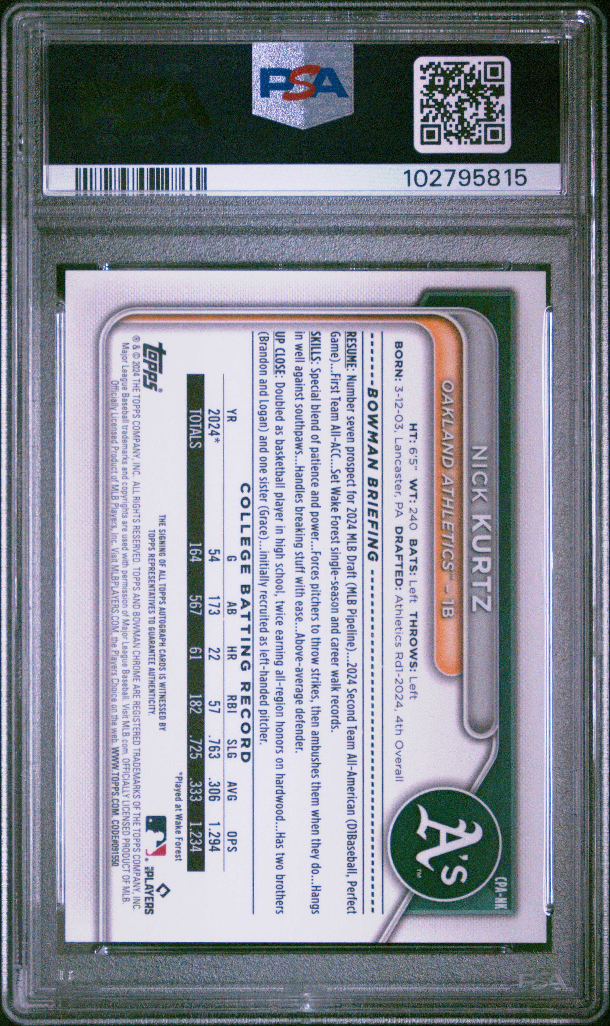 2024 Bowman Draft Chrome Prospect Autographs Nick Kurtz #Cpank (Chrome Prospect Au-Blk Ref) Mint 9 front