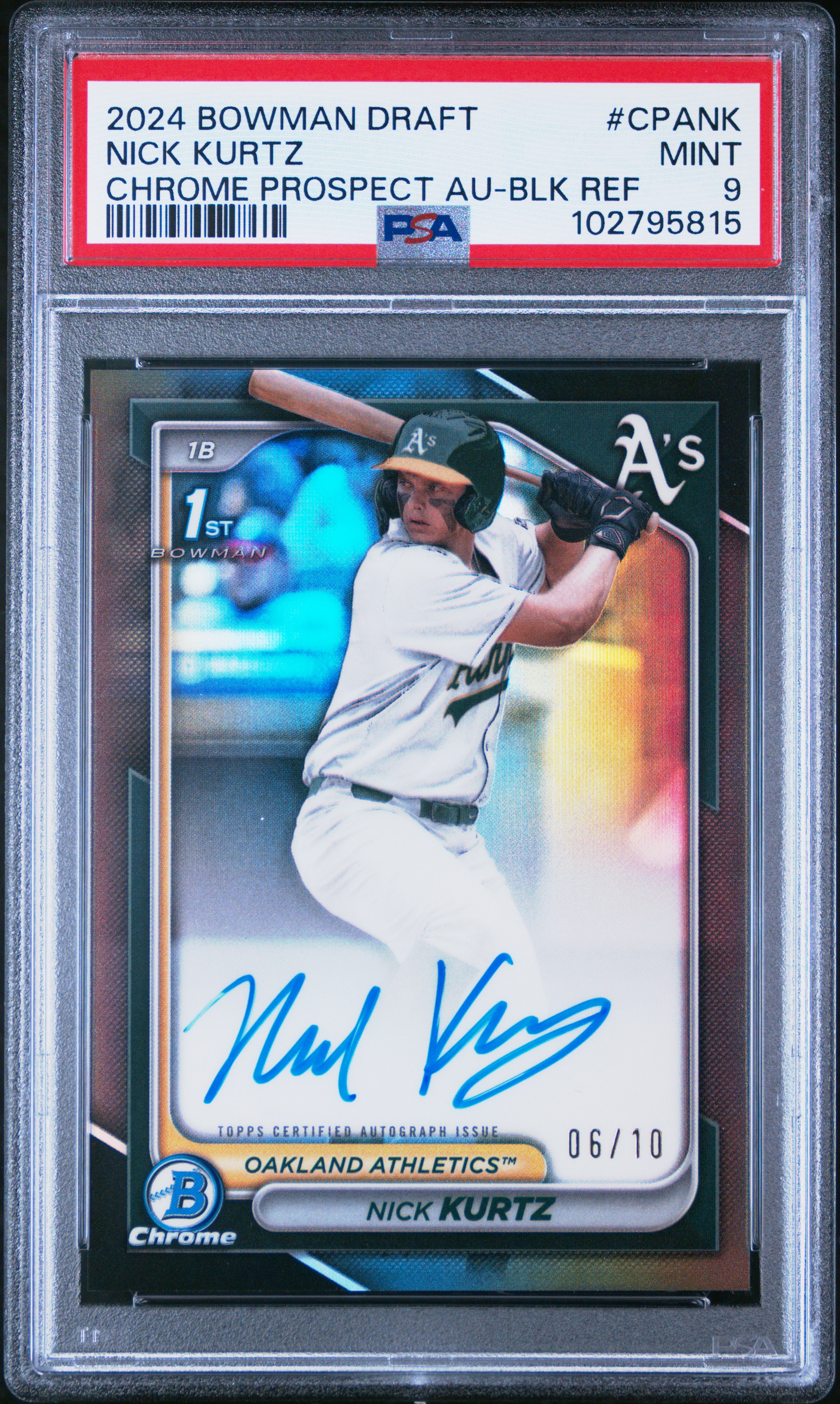 2024 Bowman Draft Chrome Prospect Autographs Nick Kurtz #Cpank (Chrome Prospect Au-Blk Ref) Mint 9 back