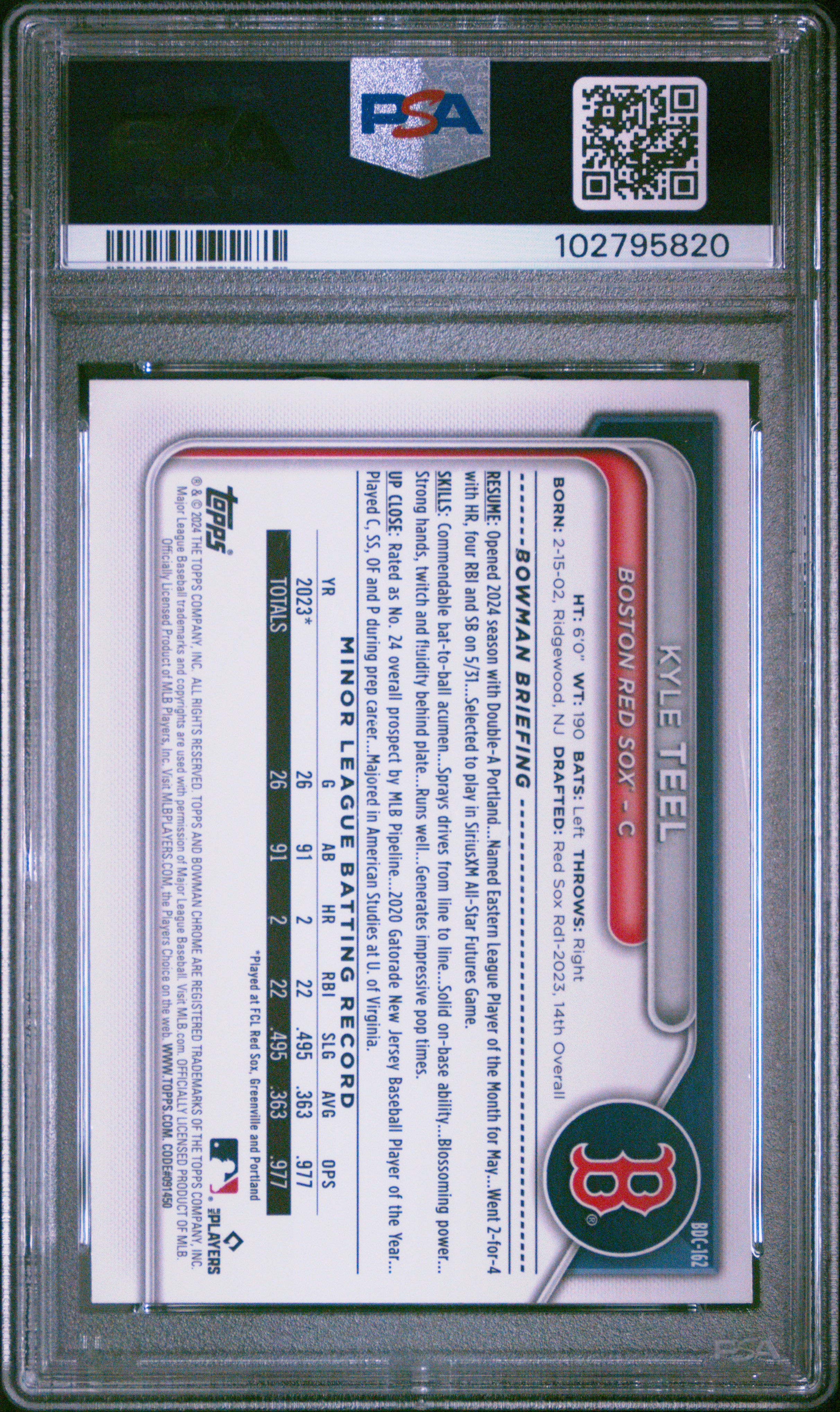 2024 Bowman Draft Kyle Teel #Bdc162 (Chrome-Green Refractor) Gem Mt 10 front