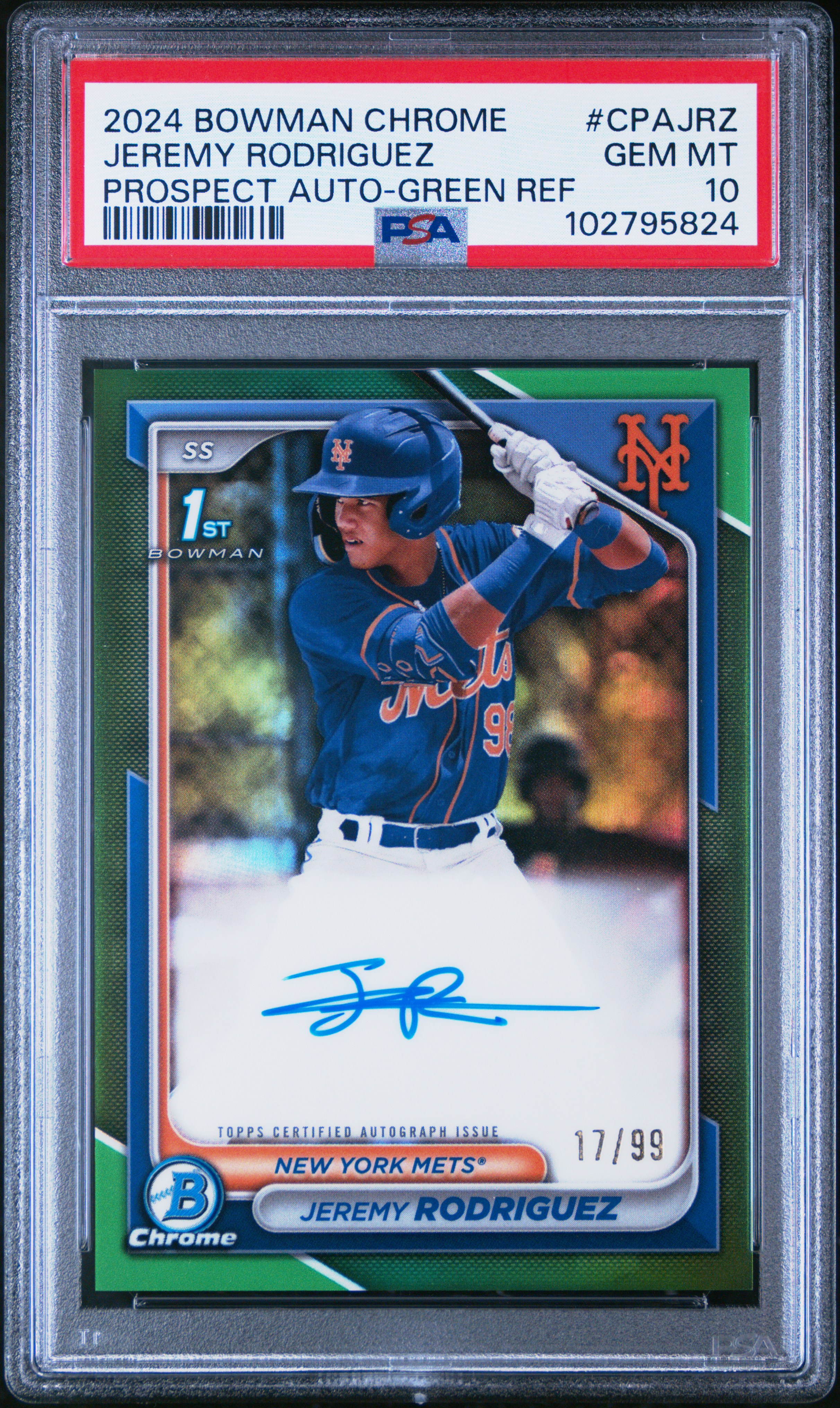 2024 Bowman Chrome Prospect Autographs Jeremy Rodriguez #Cpajrz (Prospect Auto-Green Ref) Gem Mt 10 back