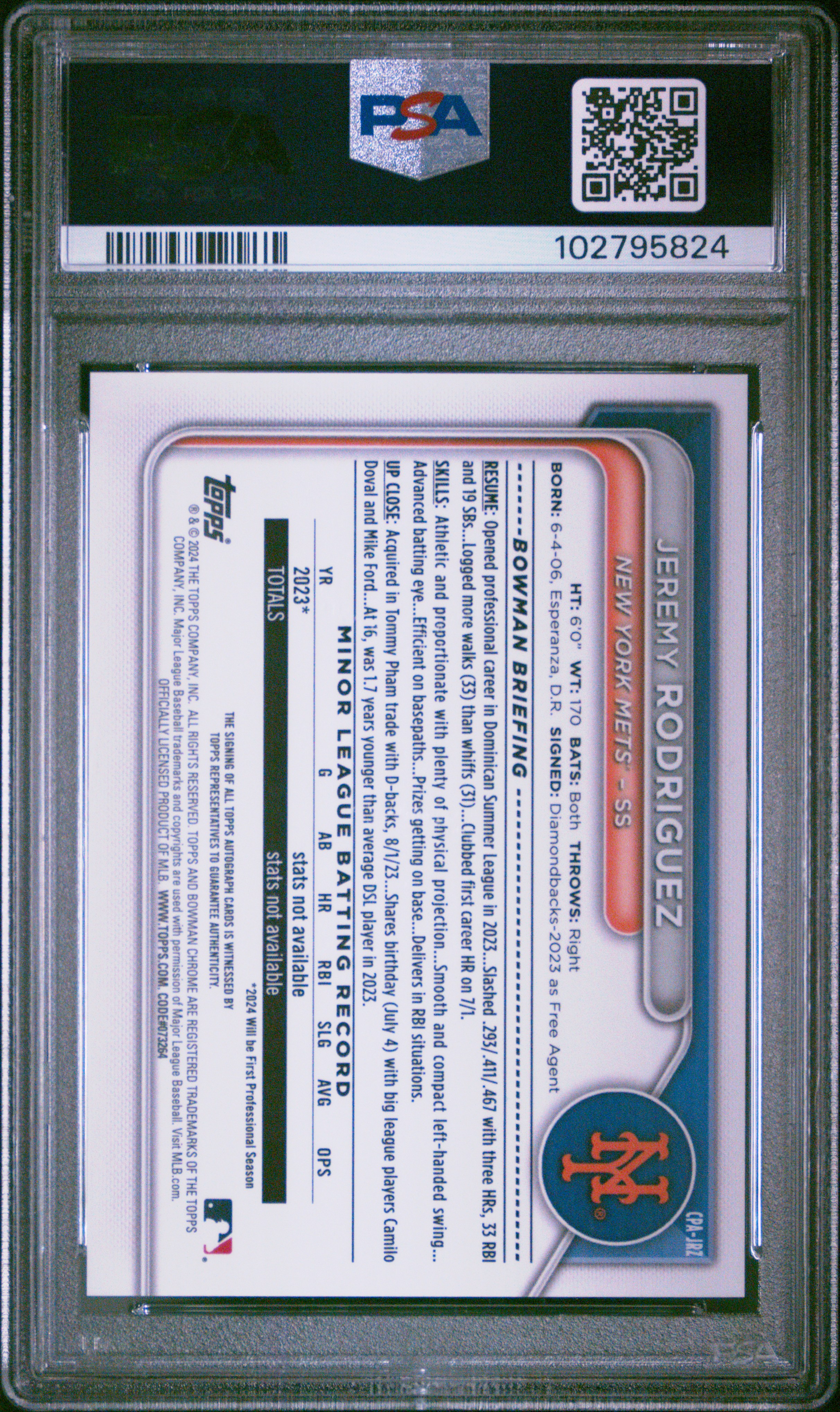 2024 Bowman Chrome Prospect Autographs Jeremy Rodriguez #Cpajrz (Prospect Auto-Green Ref) Gem Mt 10 front