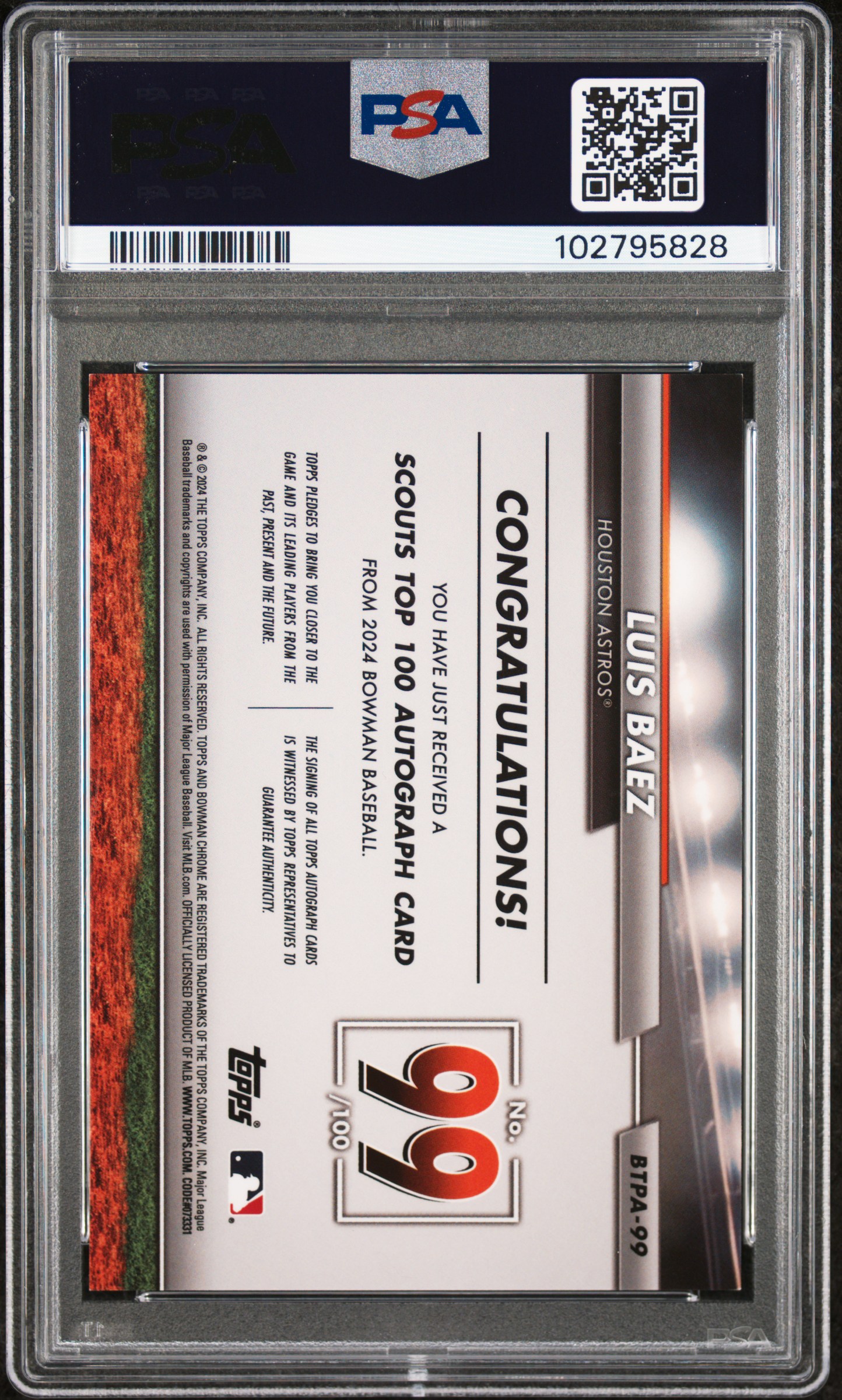 2024 Bowman Bowman Scouts' Top 100 Autographs Luis Baez #99 Mint 9 front