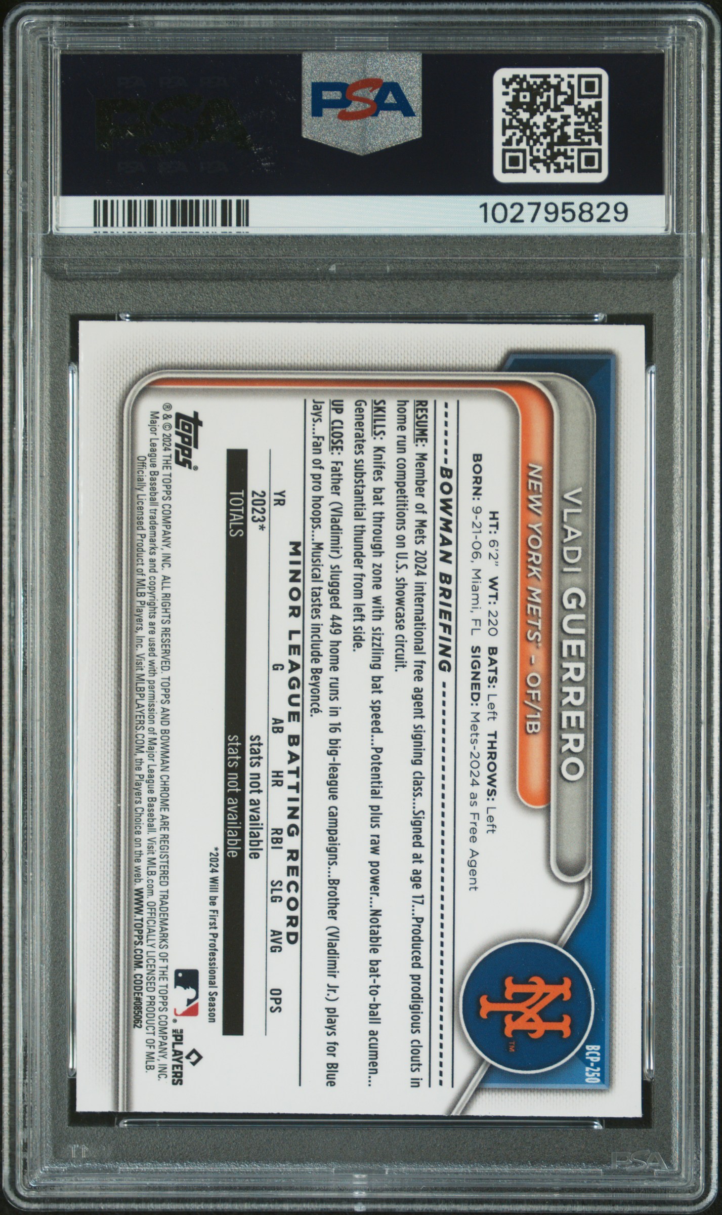 2024 Bowman Chrome Prospects Vladi Guerrero #Bcp250 (Prospects-Aqua Refractor) Mint 9 front