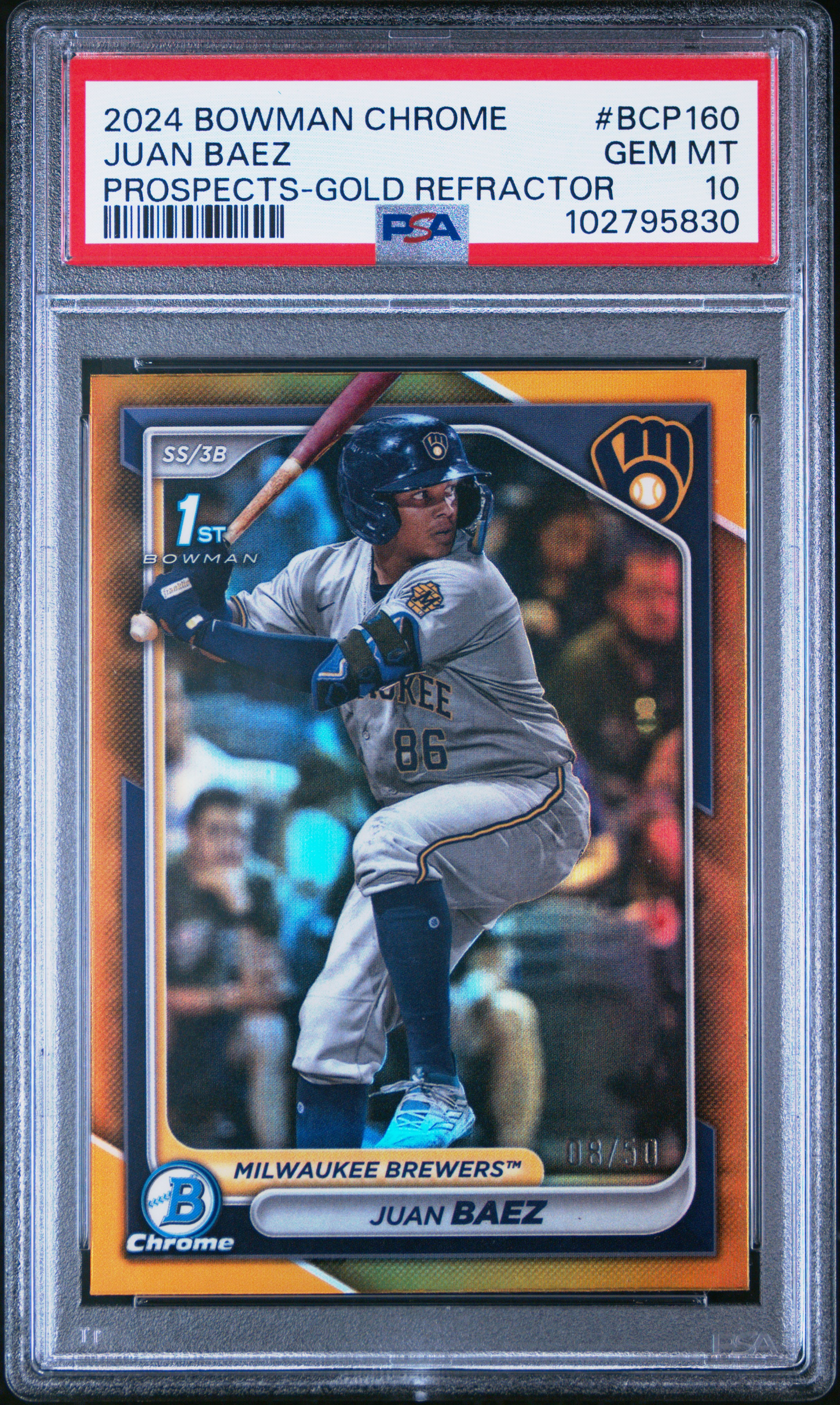 2024 Bowman Chrome Prospects Juan Baez #Bcp160 (Prospects-Gold Refractor) Gem Mt 10 back