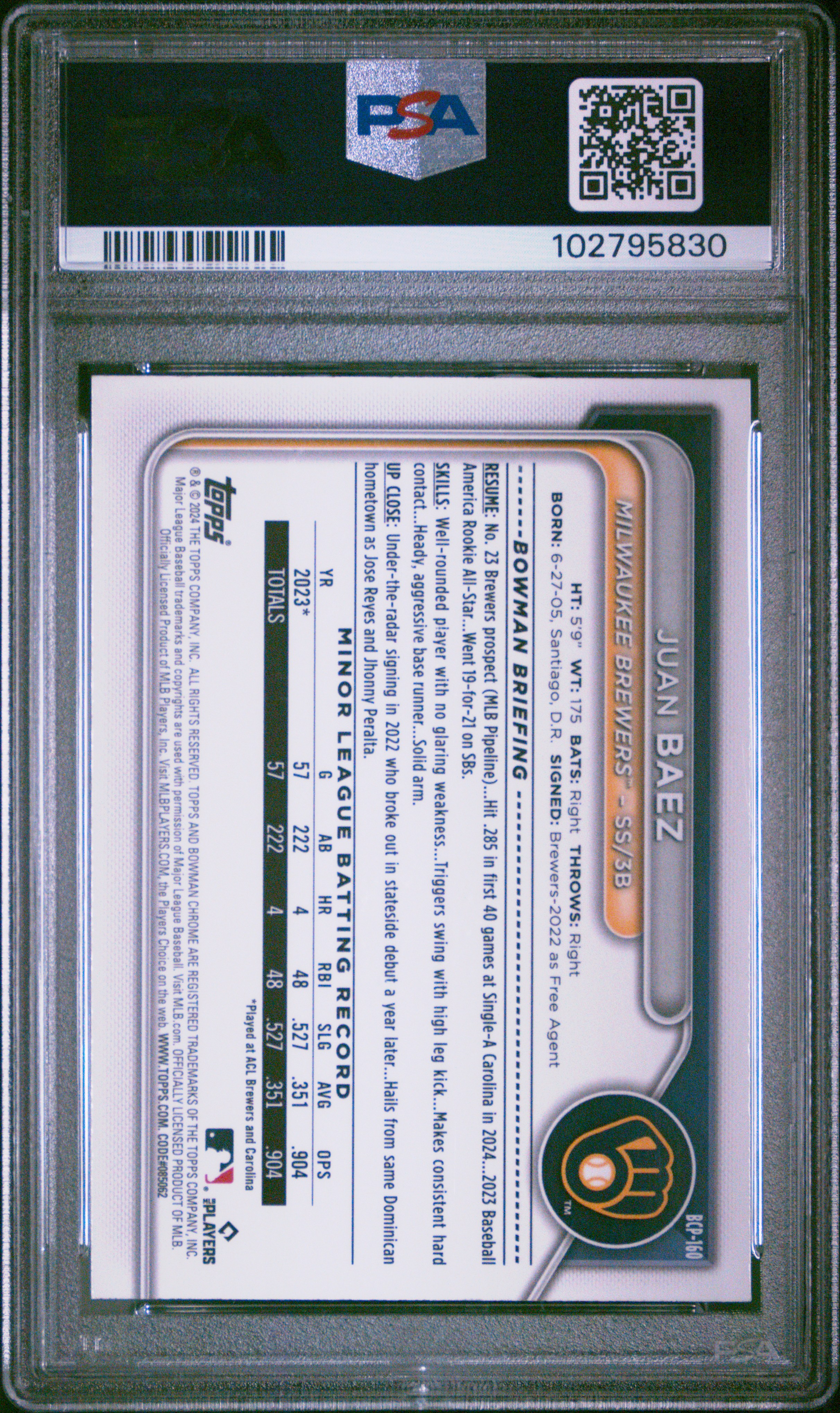 2024 Bowman Chrome Prospects Juan Baez #Bcp160 (Prospects-Gold Refractor) Gem Mt 10 front